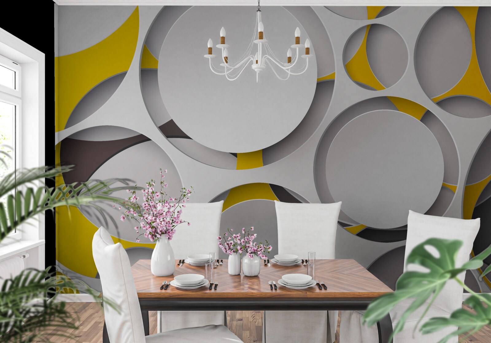 Fototapet elemente circulare albe sculptate în plasă galbenă