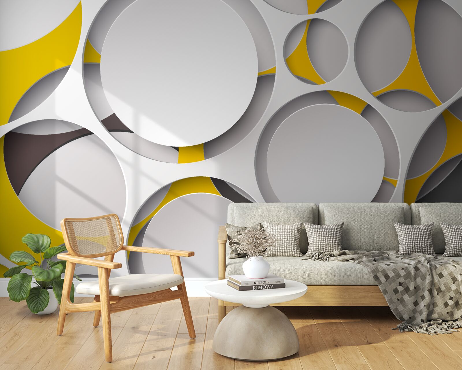 Fototapet elemente circulare albe sculptate în plasă galbenă