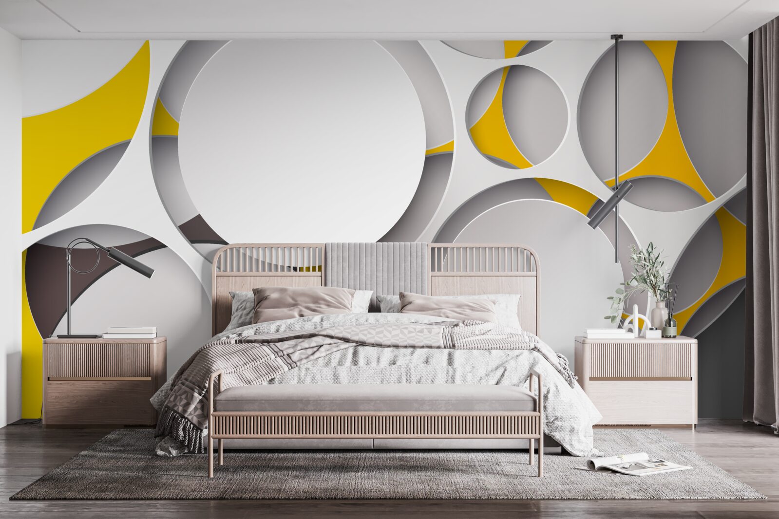 Fototapet elemente circulare albe sculptate în plasă galbenă