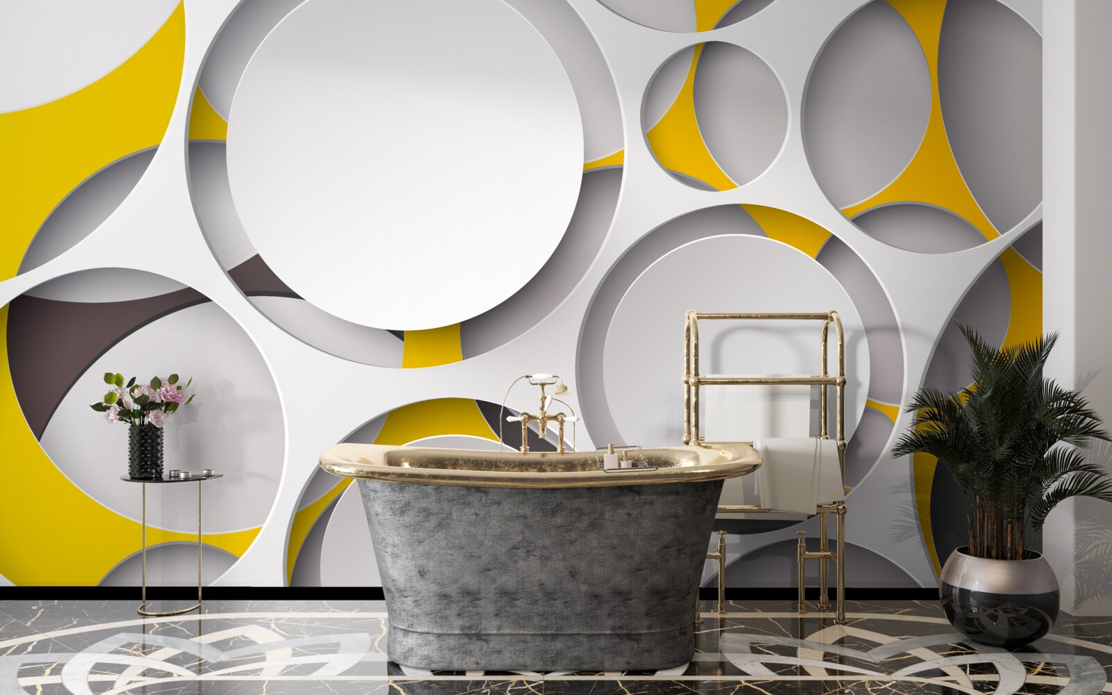 Fototapet elemente circulare albe sculptate în plasă galbenă