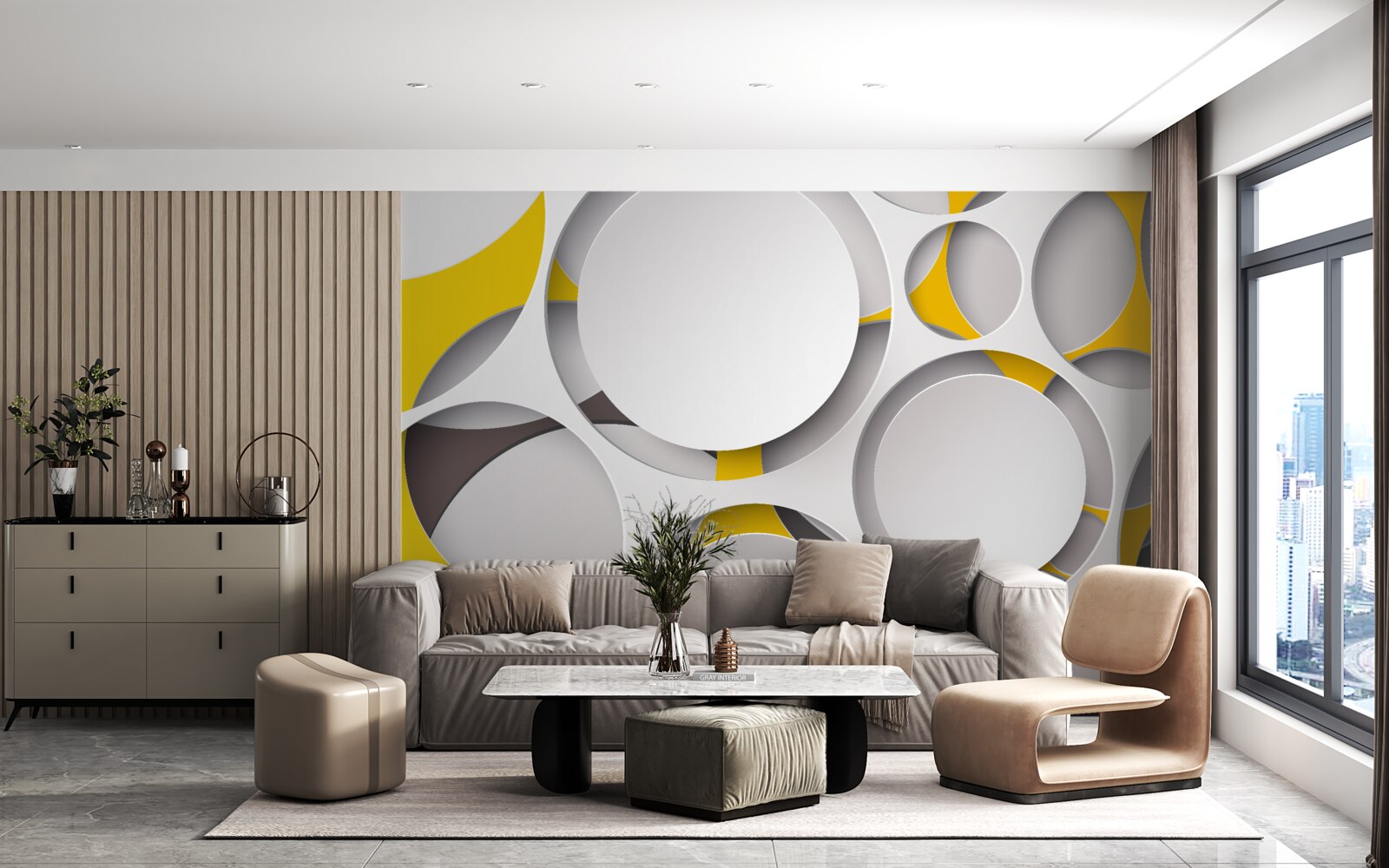 Fototapet elemente circulare albe sculptate în plasă galbenă