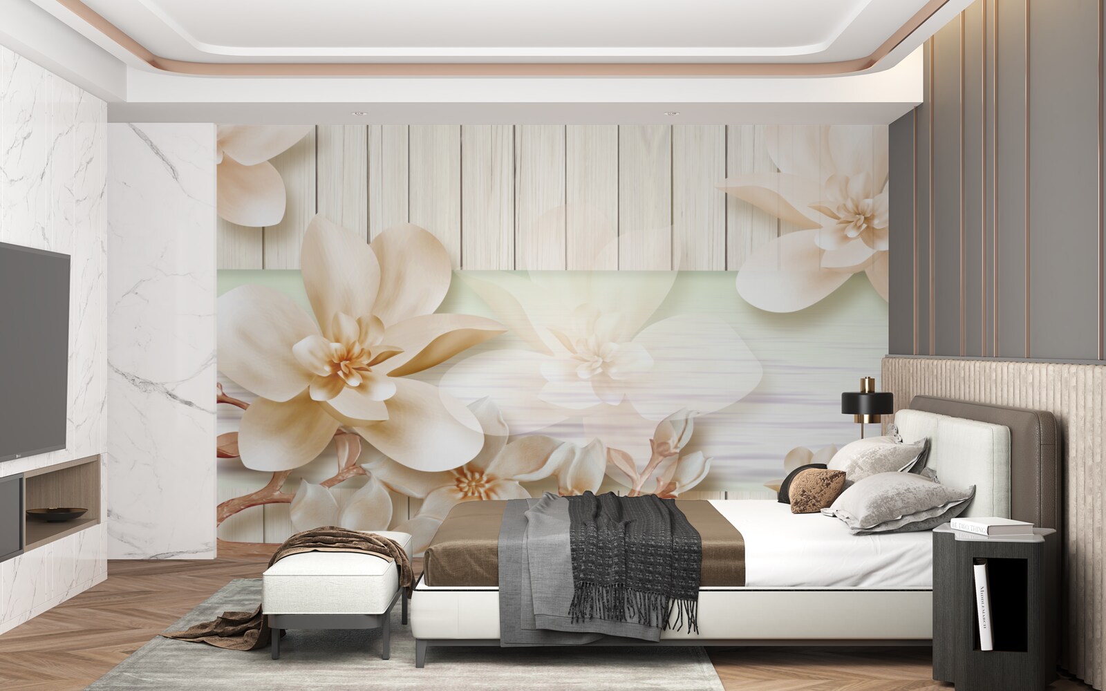 Fototapet piersici gogoși strălucitoare pe un ring de dans alb ca zăpada