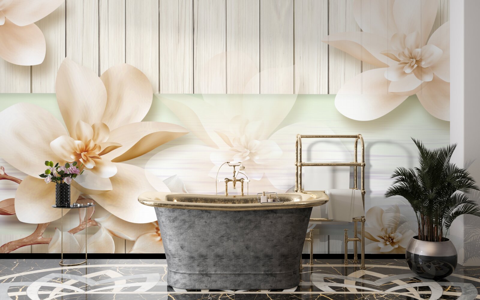 Fototapet piersici gogoși strălucitoare pe un ring de dans alb ca zăpada