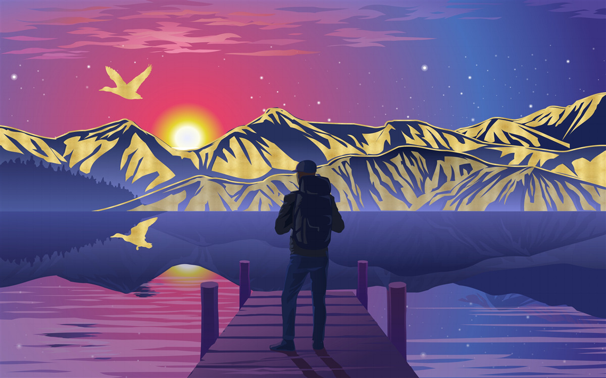 Fototapet pe pod, turistul întâlnește zorii