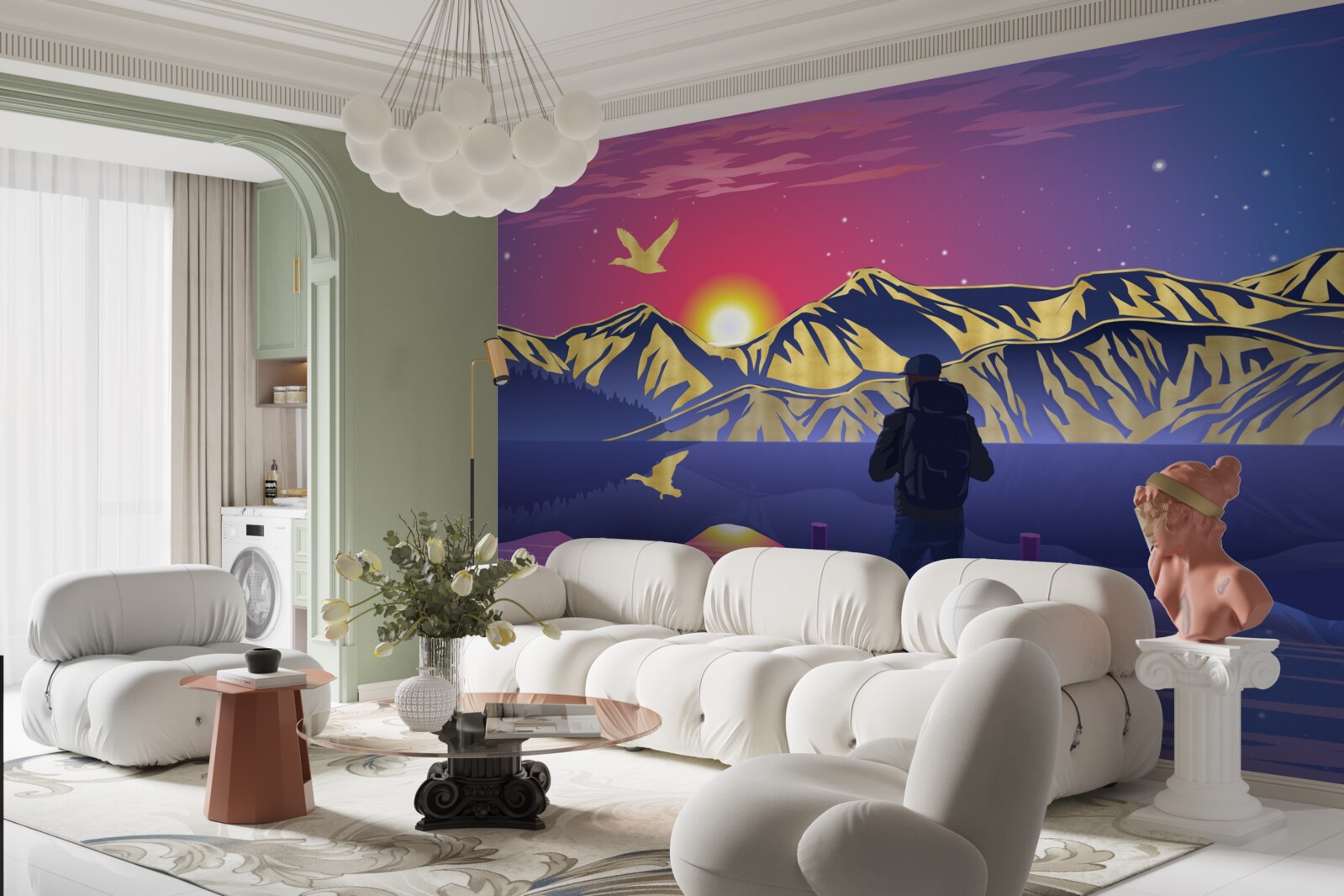 Fototapet pe pod, turistul întâlnește zorii