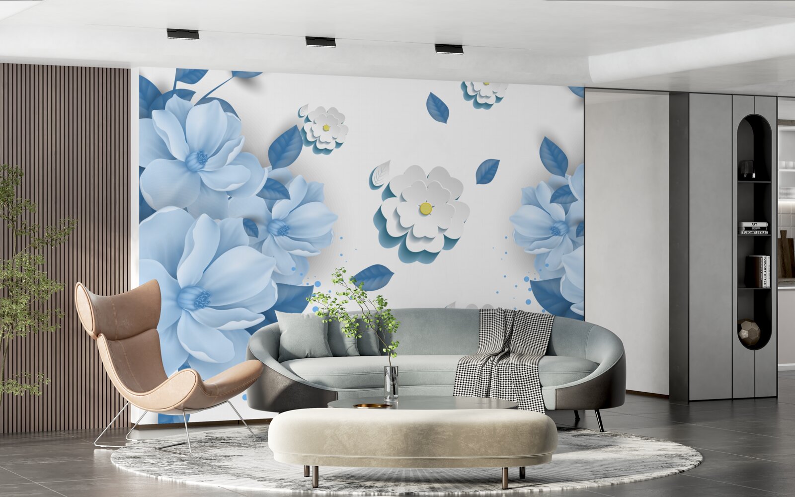 Fototapet flori albastre moi pe un fundal alb ca zăpada