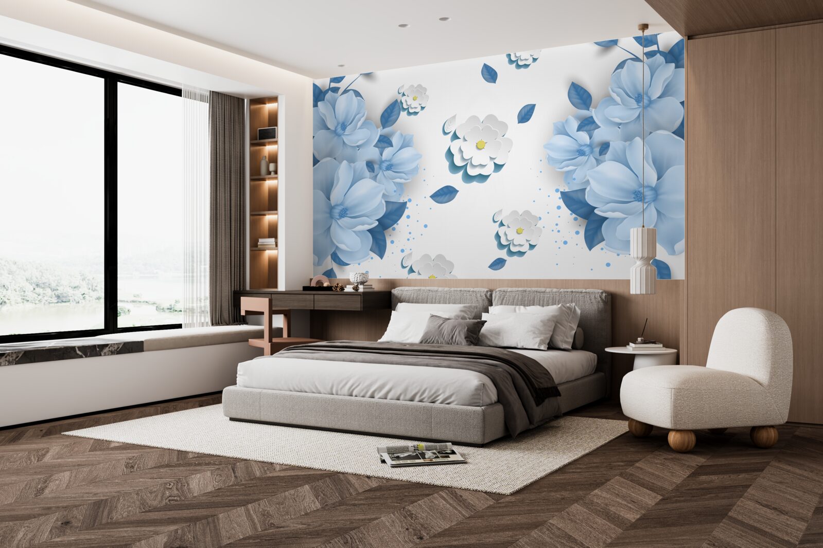 Fototapet flori albastre moi pe un fundal alb ca zăpada