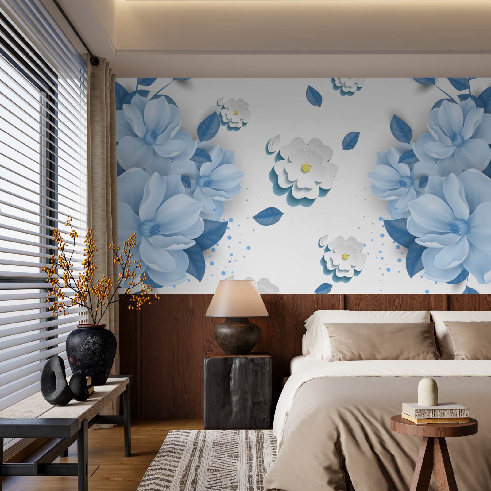 Fototapet flori albastre moi pe un fundal alb ca zăpada