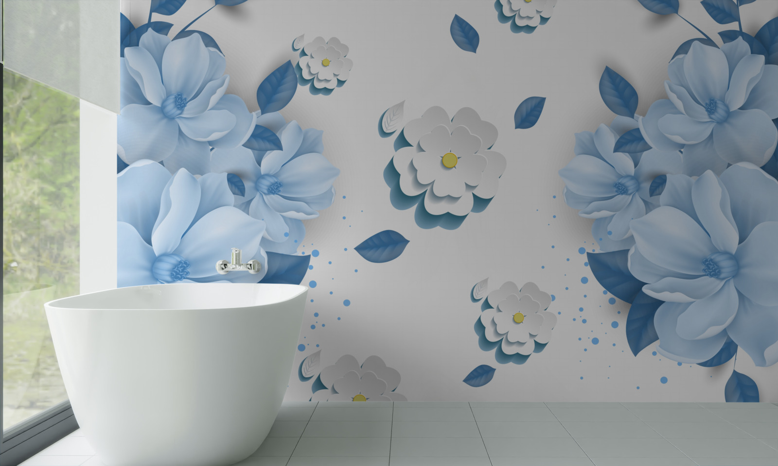 Fototapet flori albastre moi pe un fundal alb ca zăpada