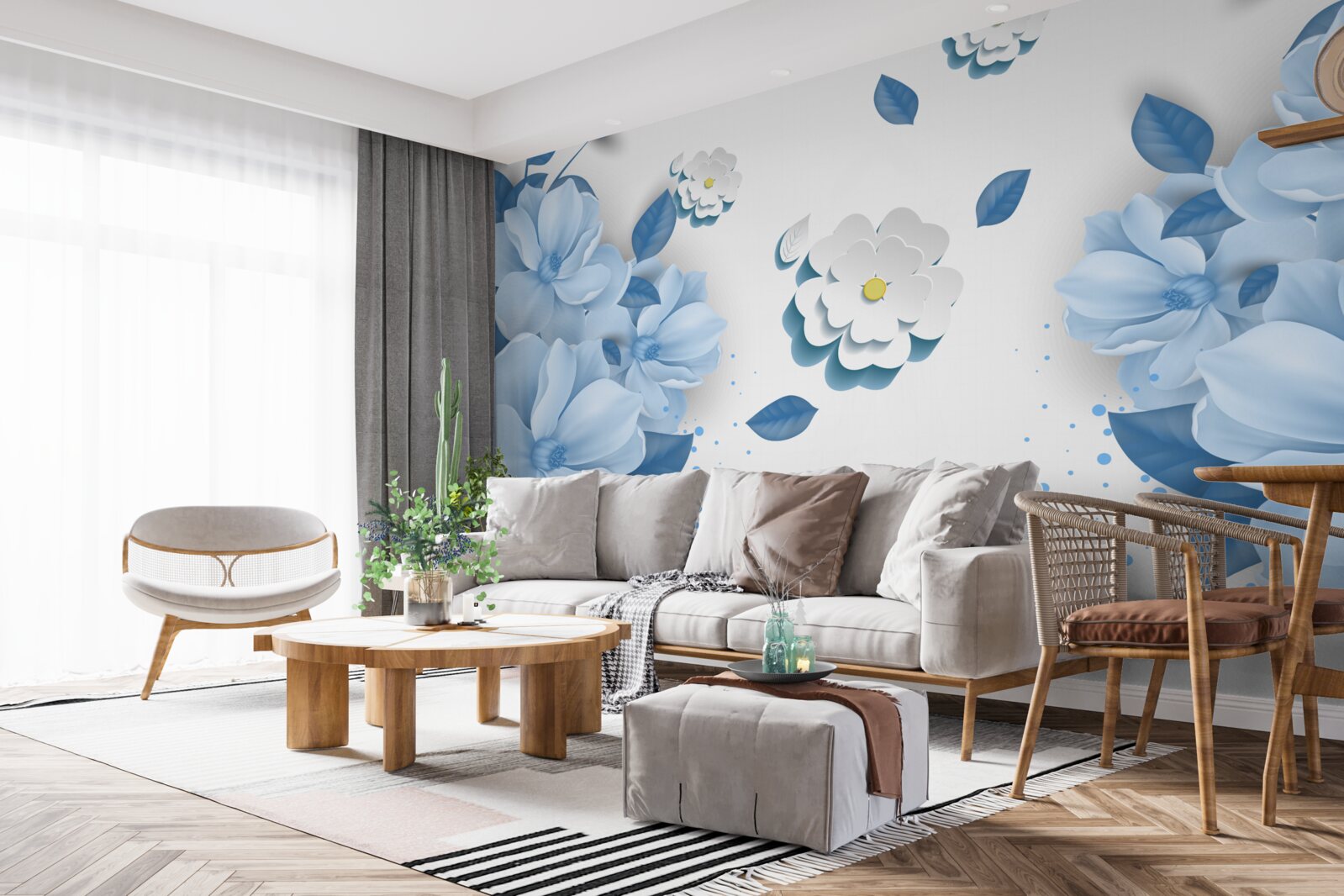 Fototapet flori albastre moi pe un fundal alb ca zăpada