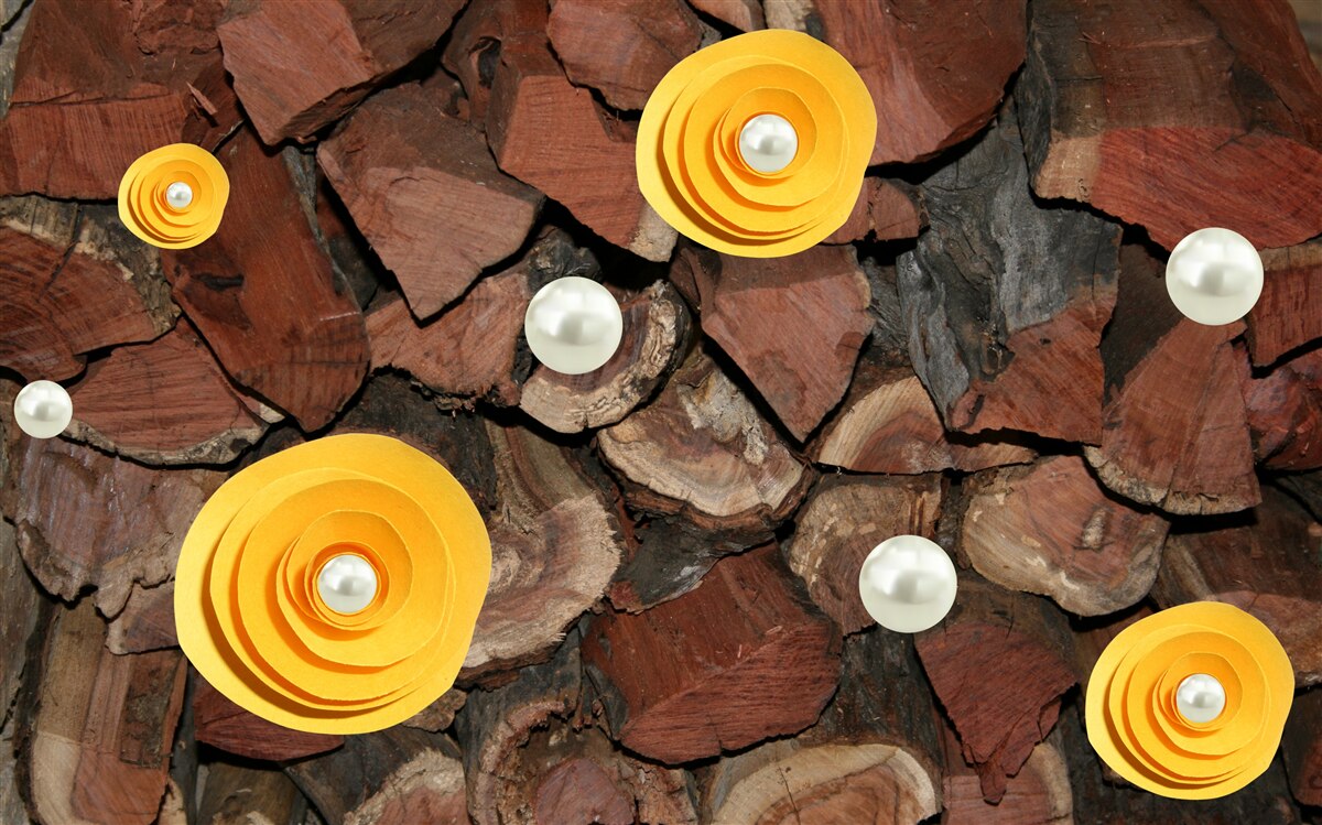 Fototapet flori în tonuri de galben, perle și bucăți de lemn