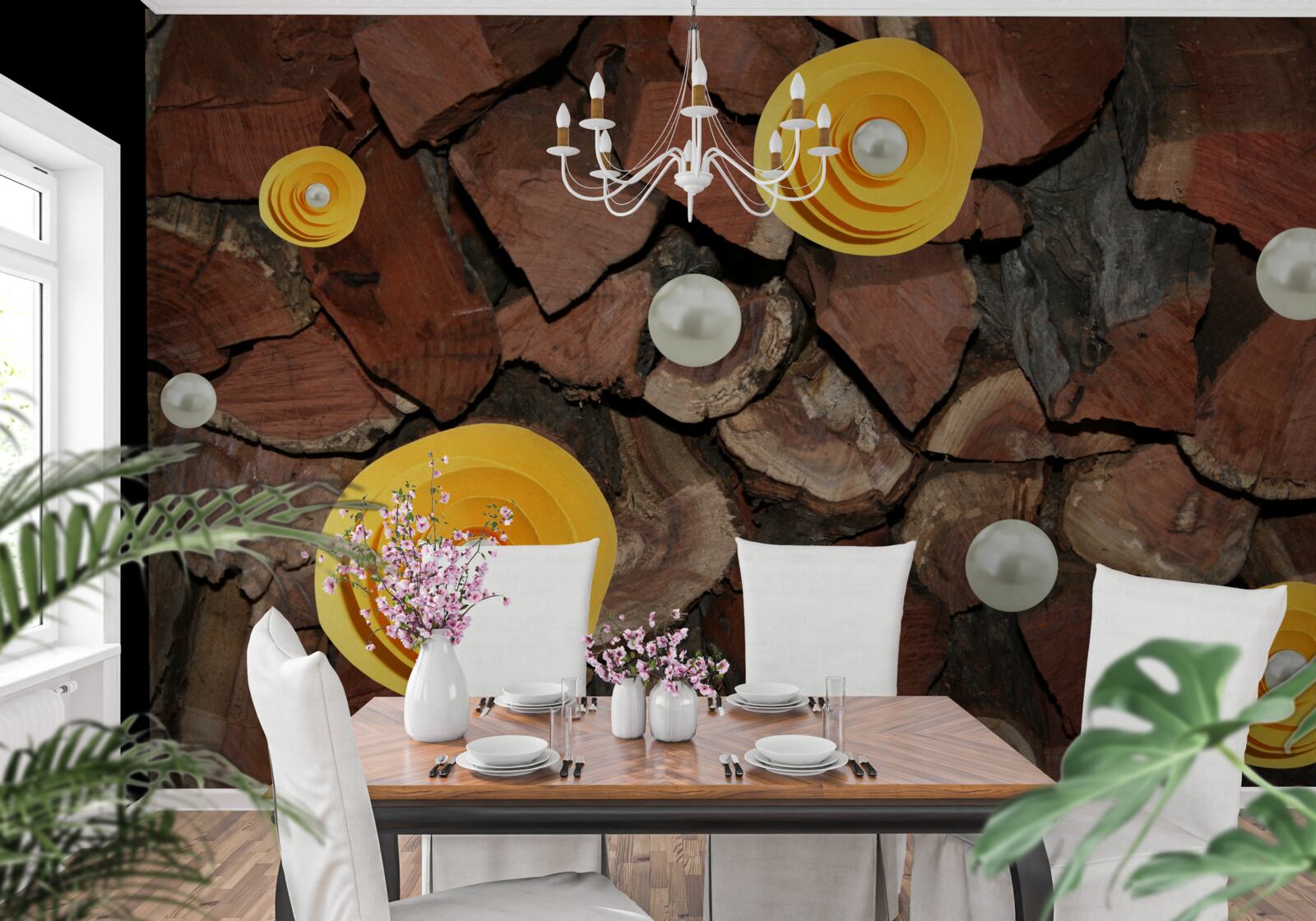 Fototapet flori în tonuri de galben, perle și bucăți de lemn