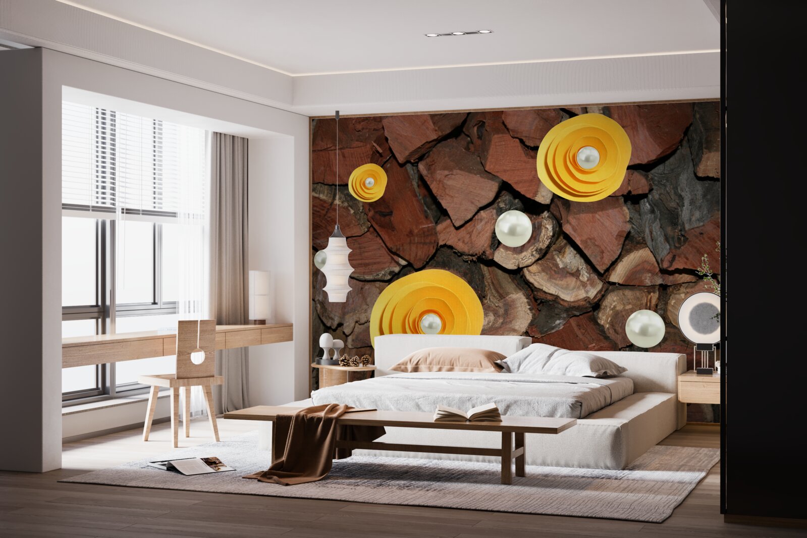 Fototapet flori în tonuri de galben, perle și bucăți de lemn