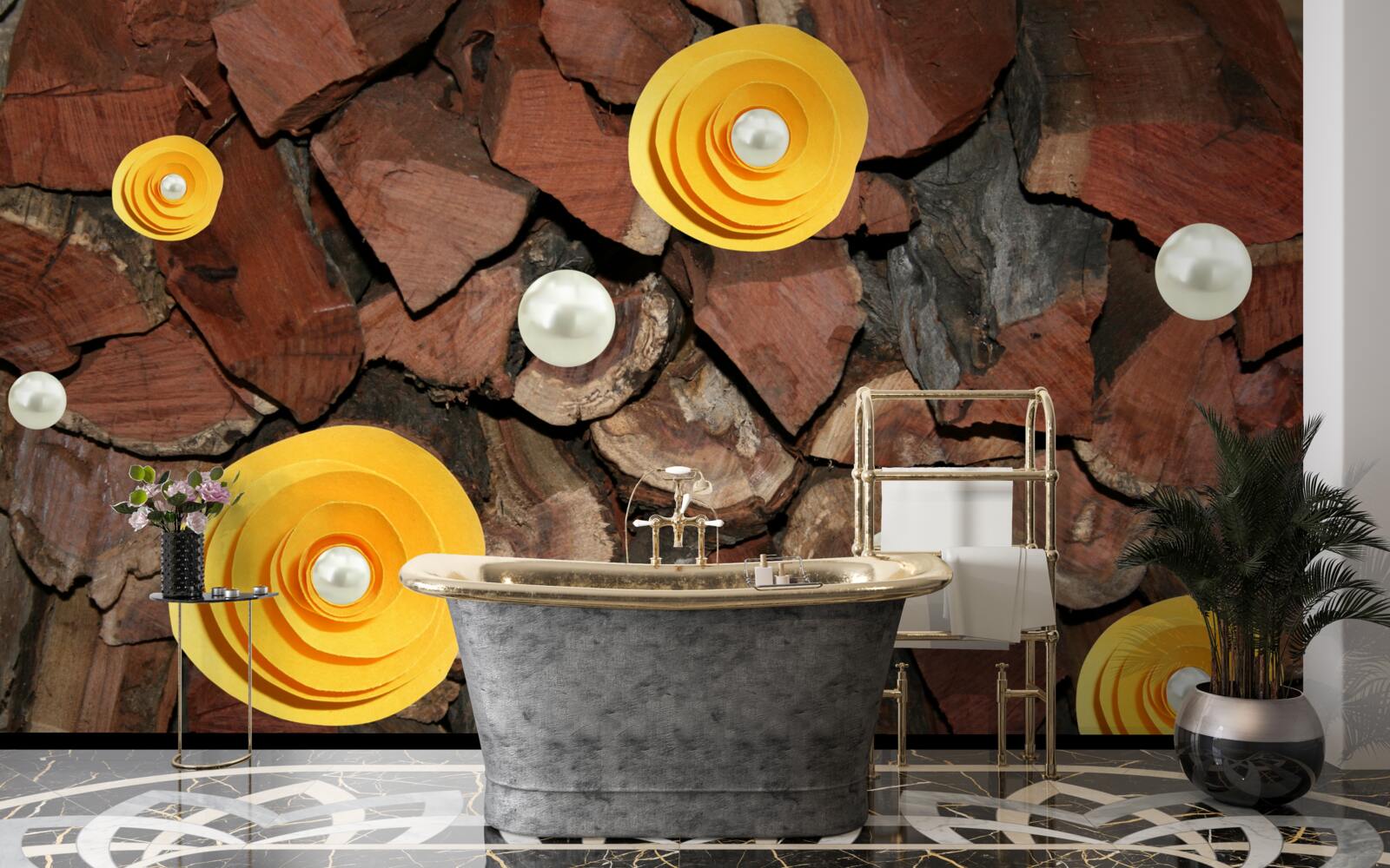 Fototapet flori în tonuri de galben, perle și bucăți de lemn