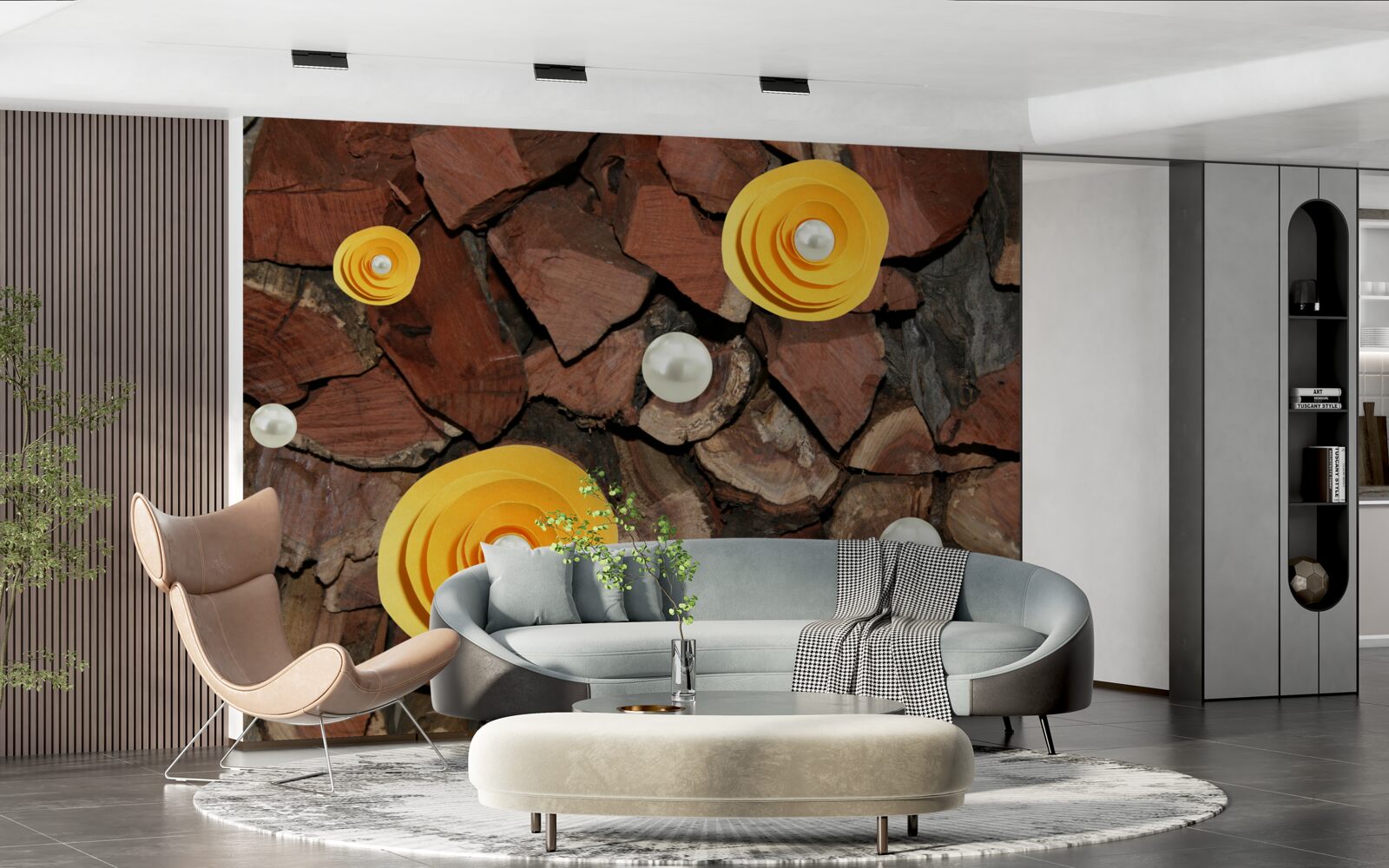 Fototapet flori în tonuri de galben, perle și bucăți de lemn