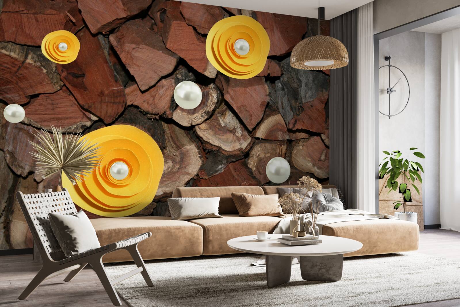 Fototapet flori în tonuri de galben, perle și bucăți de lemn