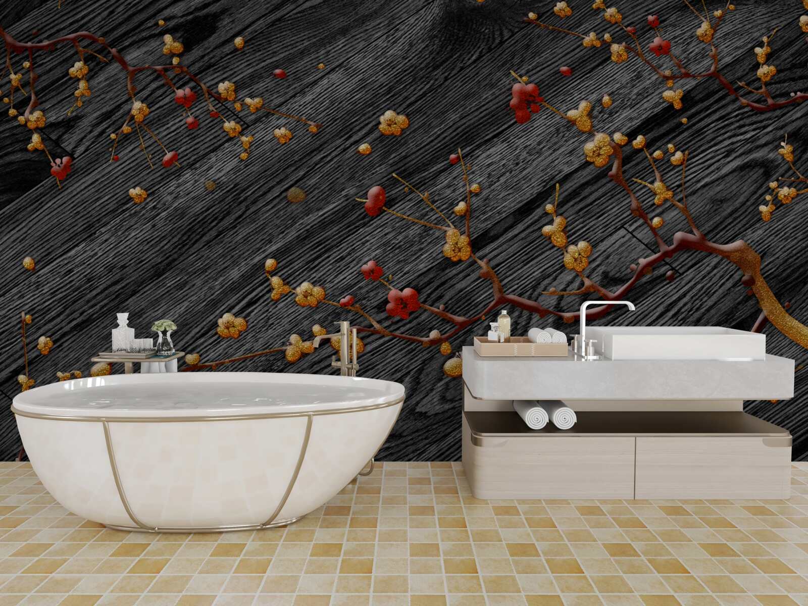 Fototapet ramură de magnolie, aurită după apusul soarelui