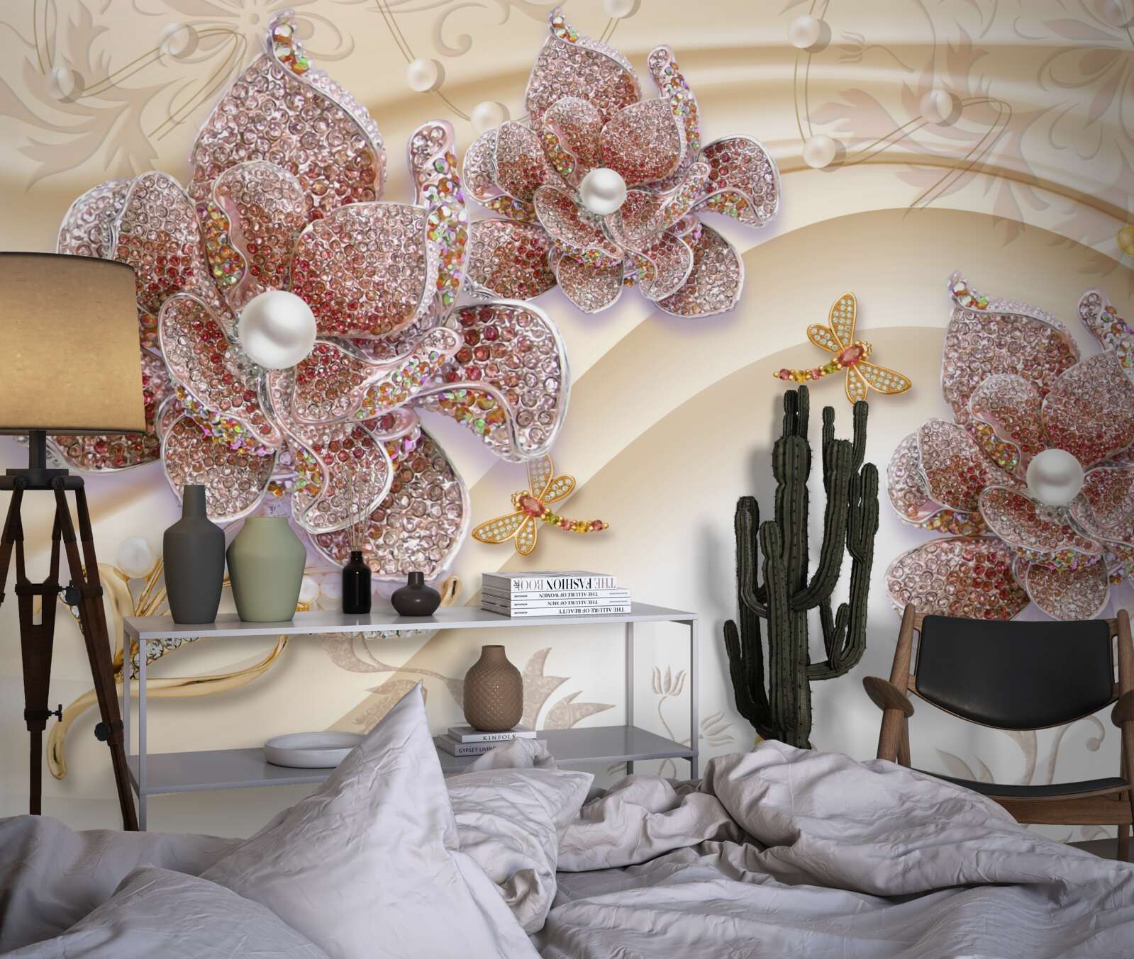 Fototapet compoziție de flori de perle și fluturi