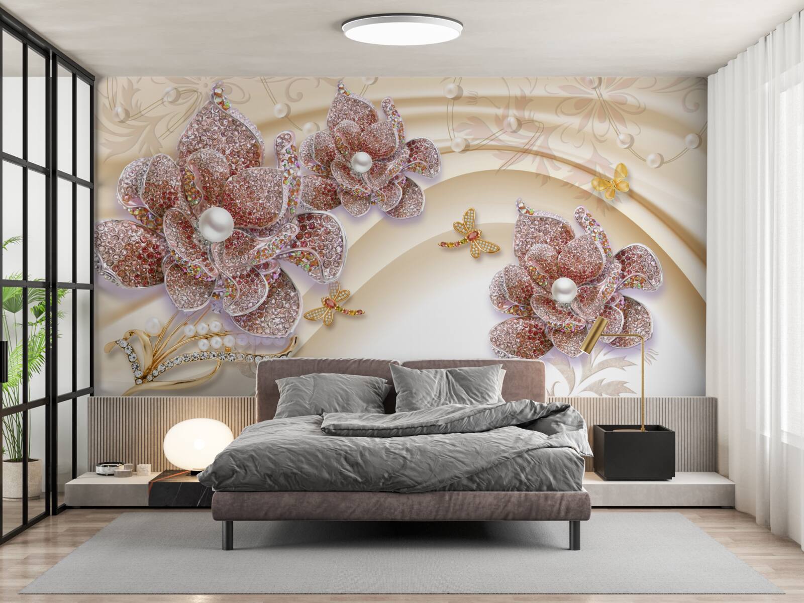 Fototapet compoziție de flori de perle și fluturi