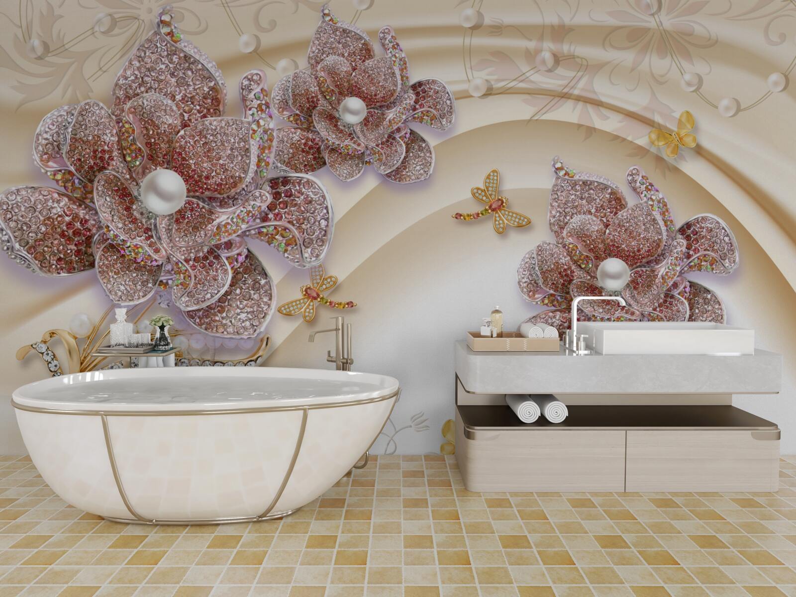 Fototapet compoziție de flori de perle și fluturi