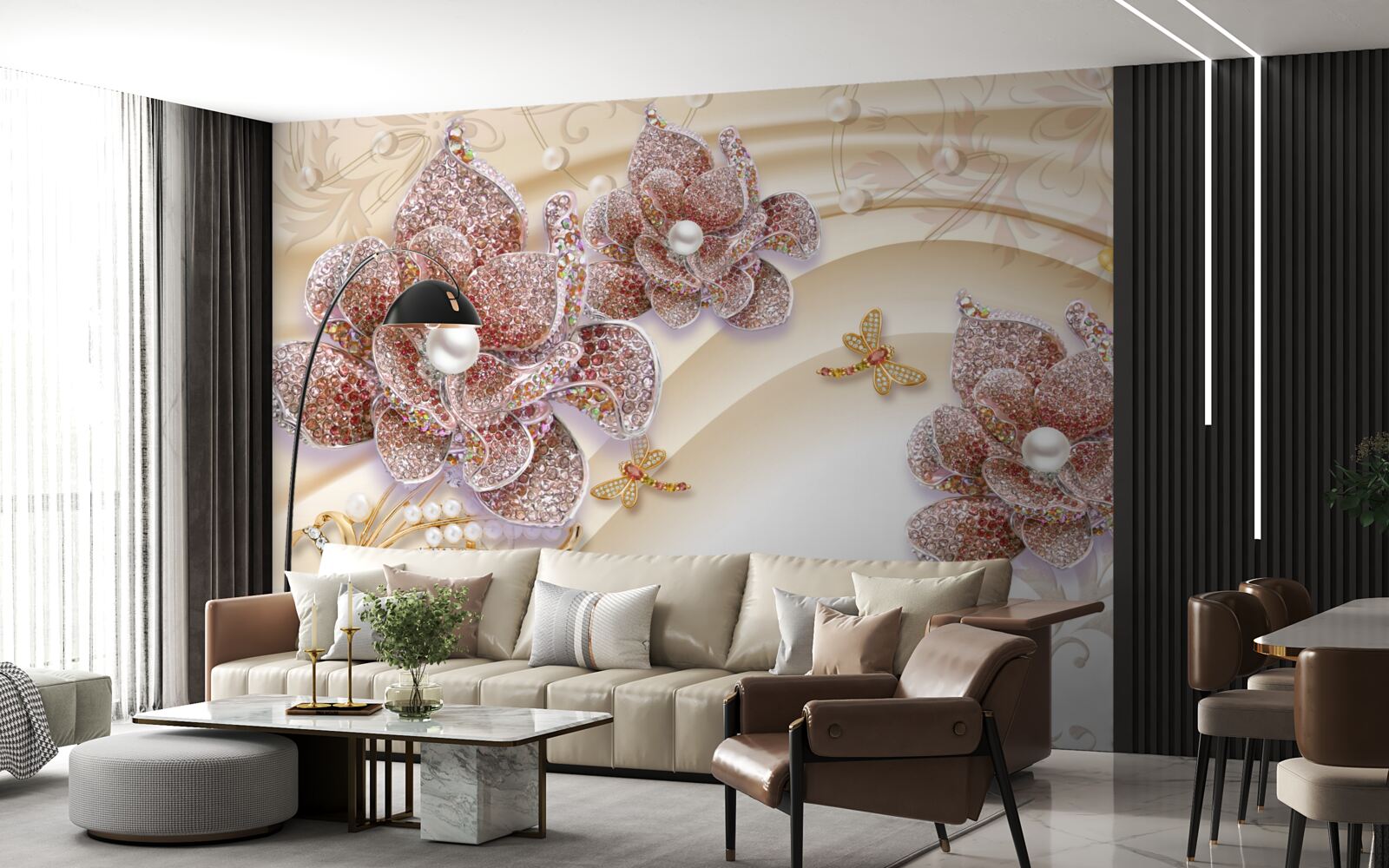 Fototapet compoziție de flori de perle și fluturi