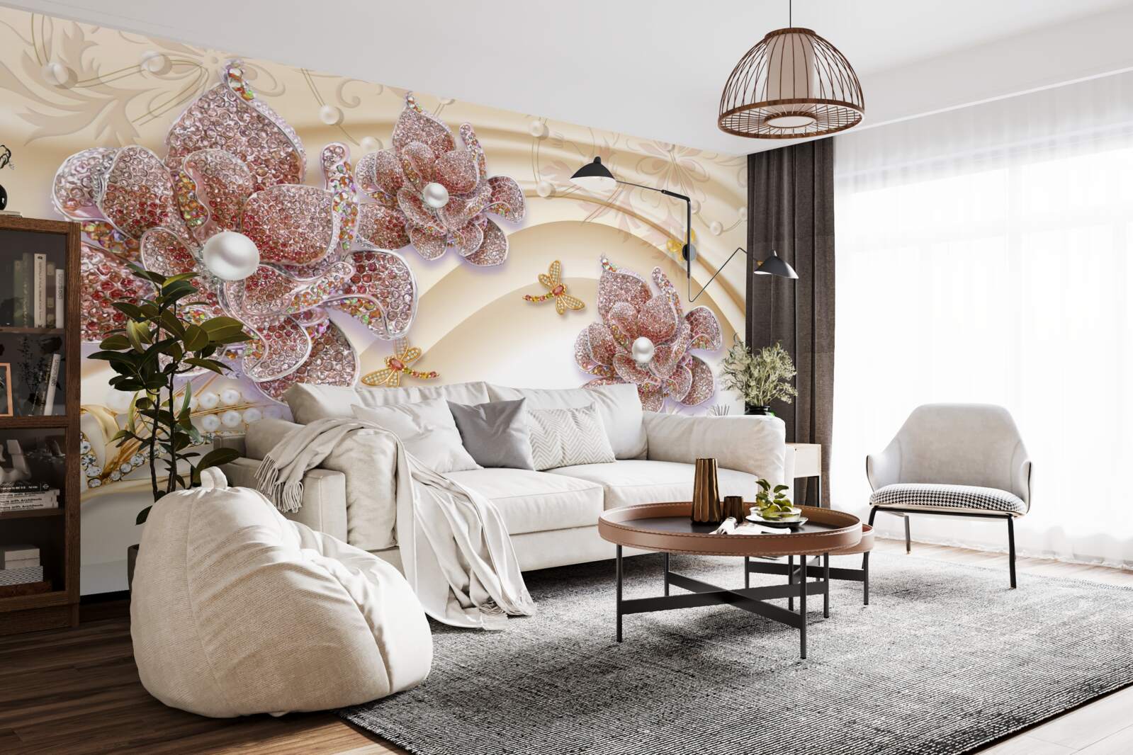 Fototapet compoziție de flori de perle și fluturi