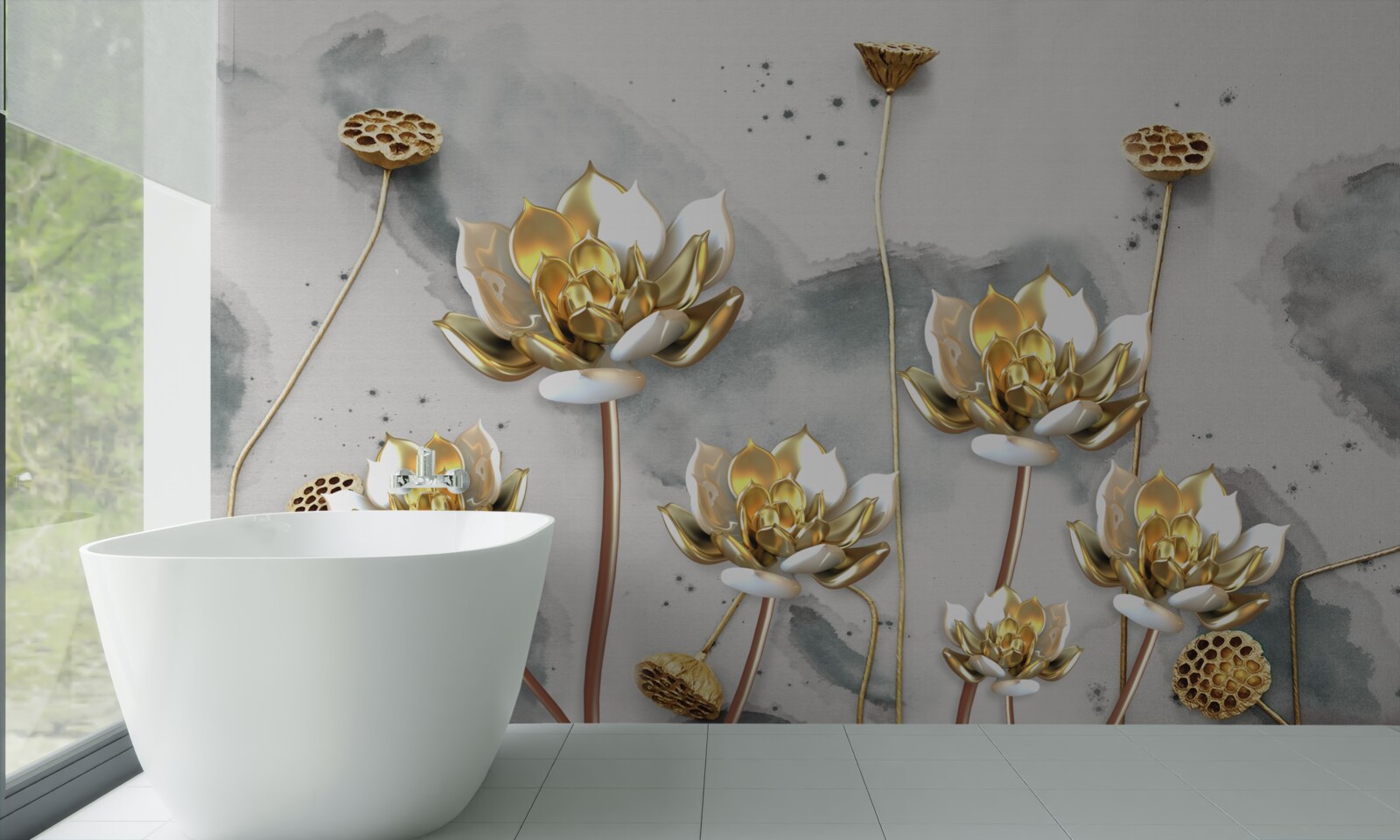 Fototapet flori aurii pe tulpini grațioase