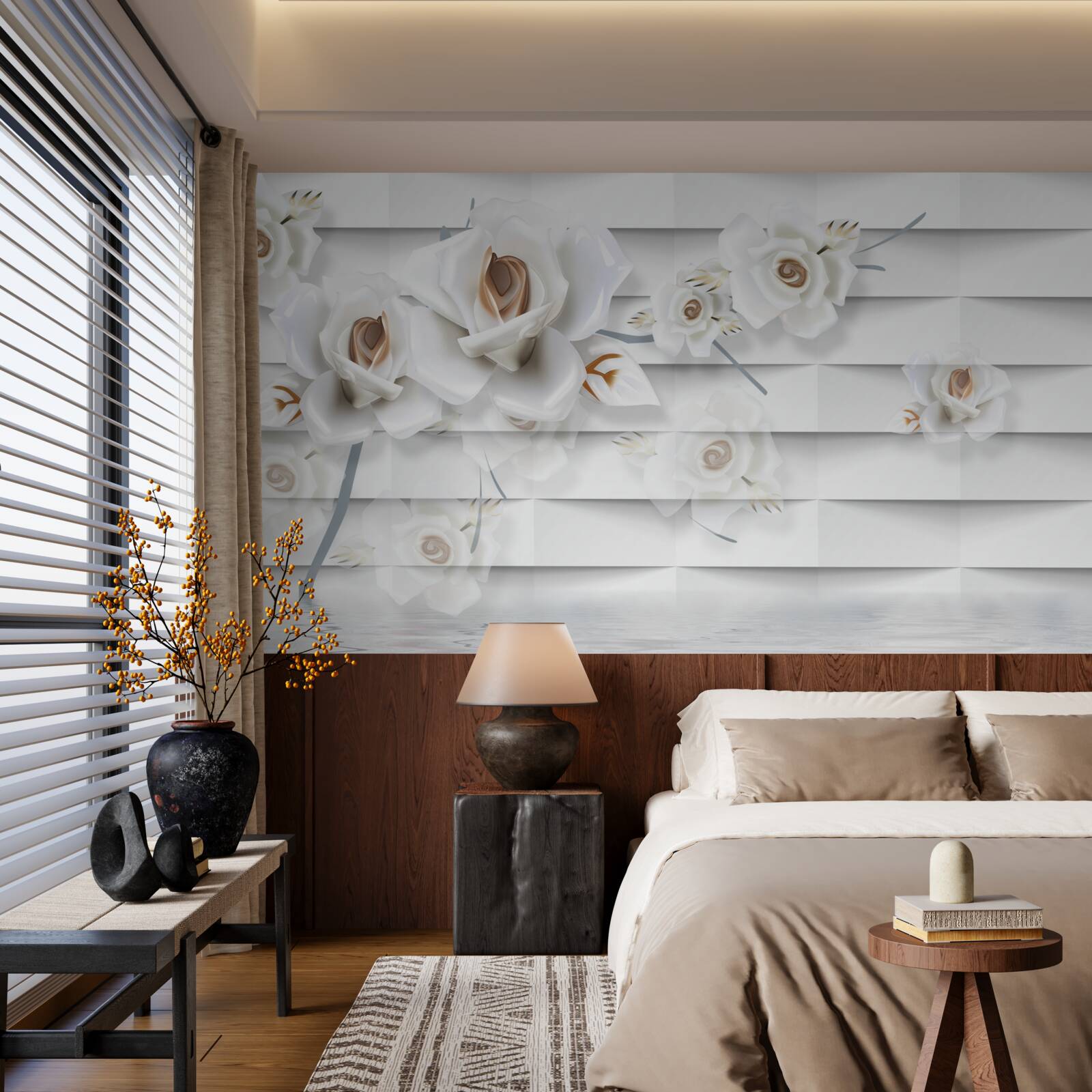 Fototapet apa calmă este presărată cu flori albe