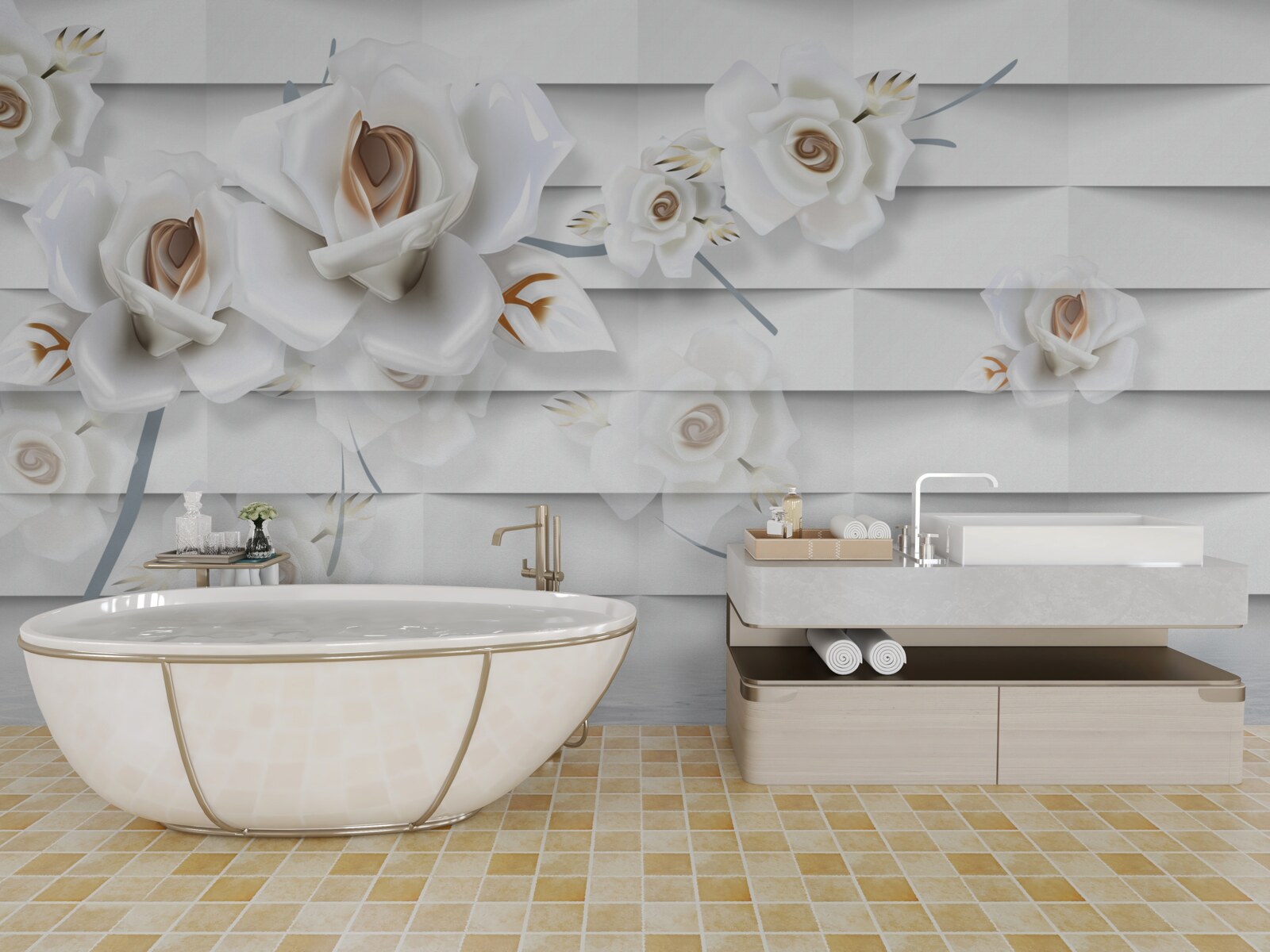 Fototapet apa calmă este presărată cu flori albe