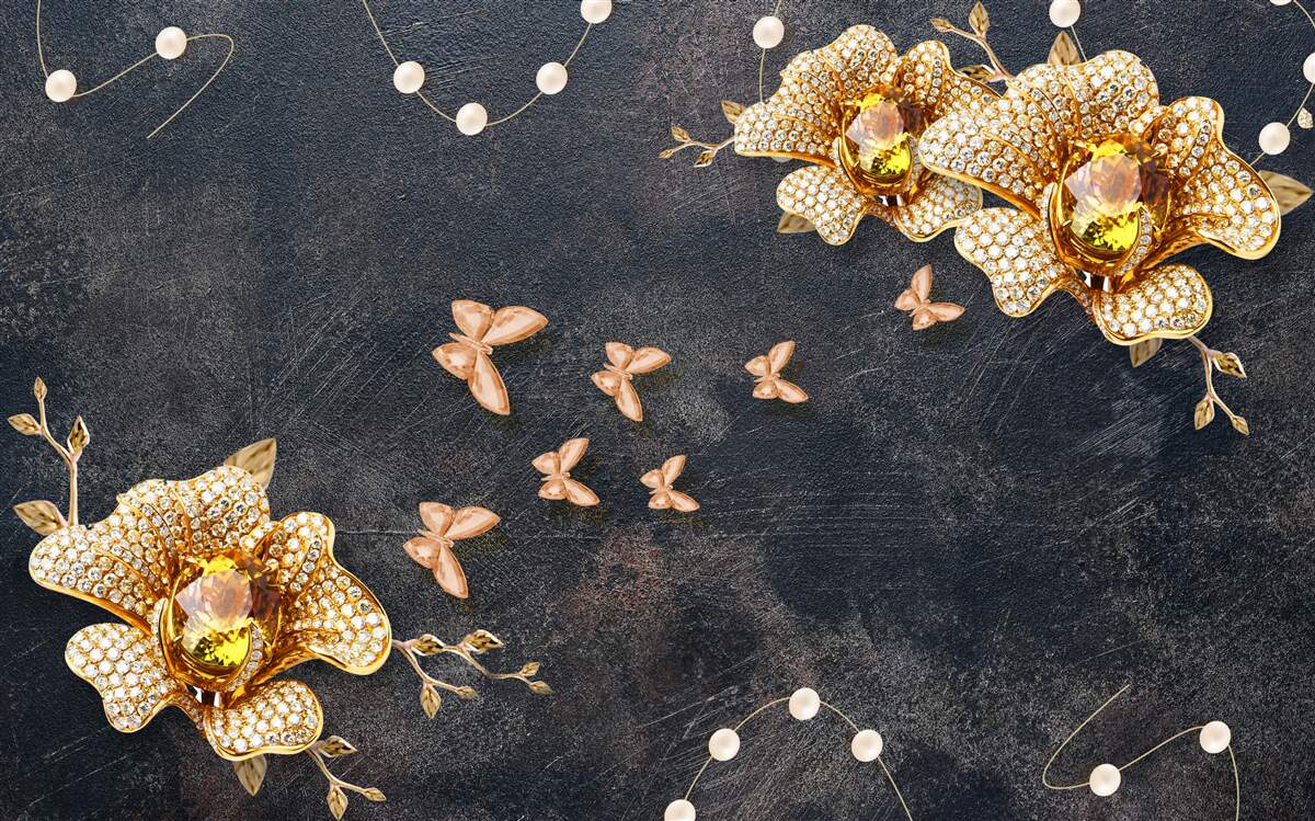 Fototapet seara, fluturii decorează florile aurii