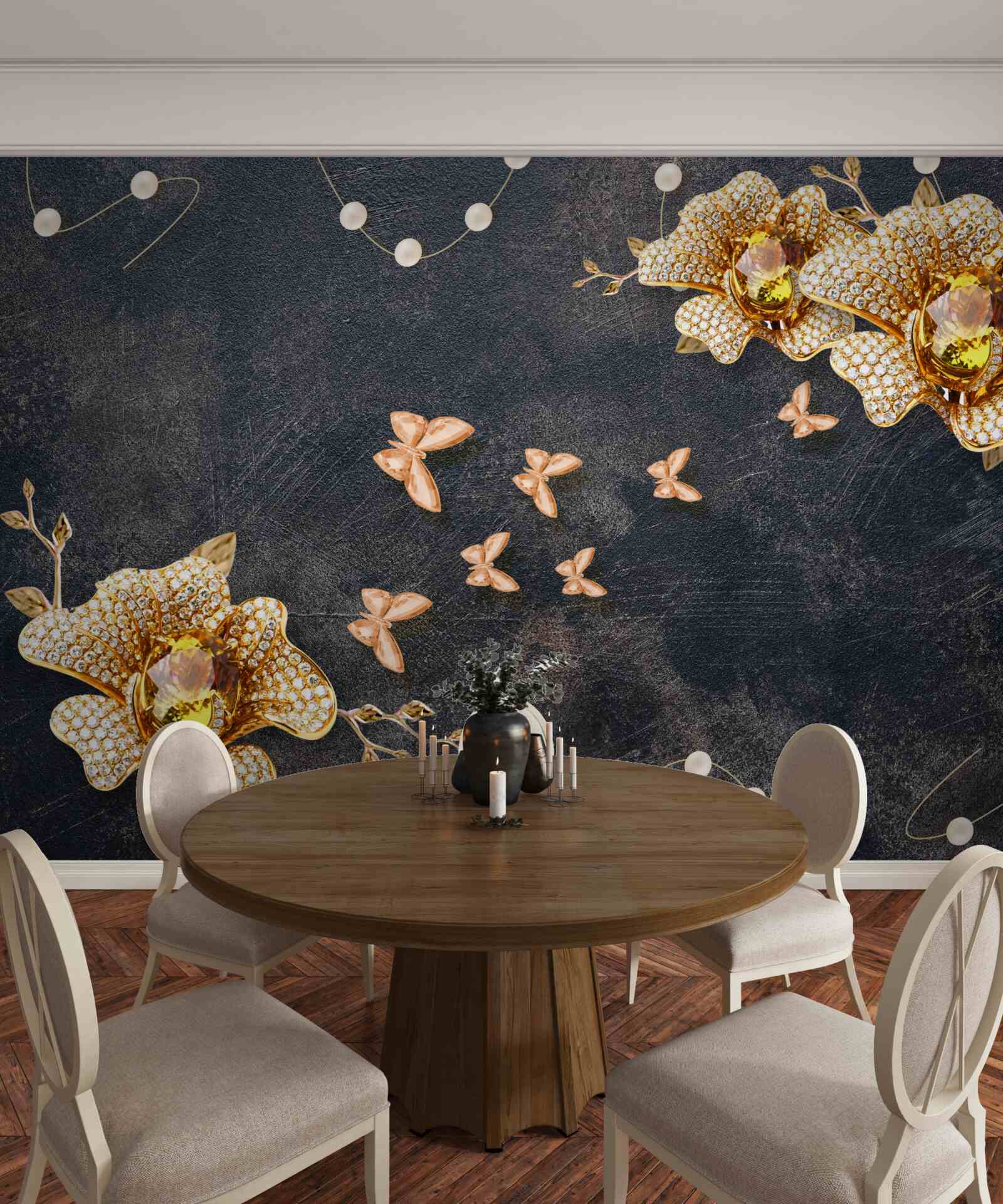 Fototapet seara, fluturii decorează florile aurii