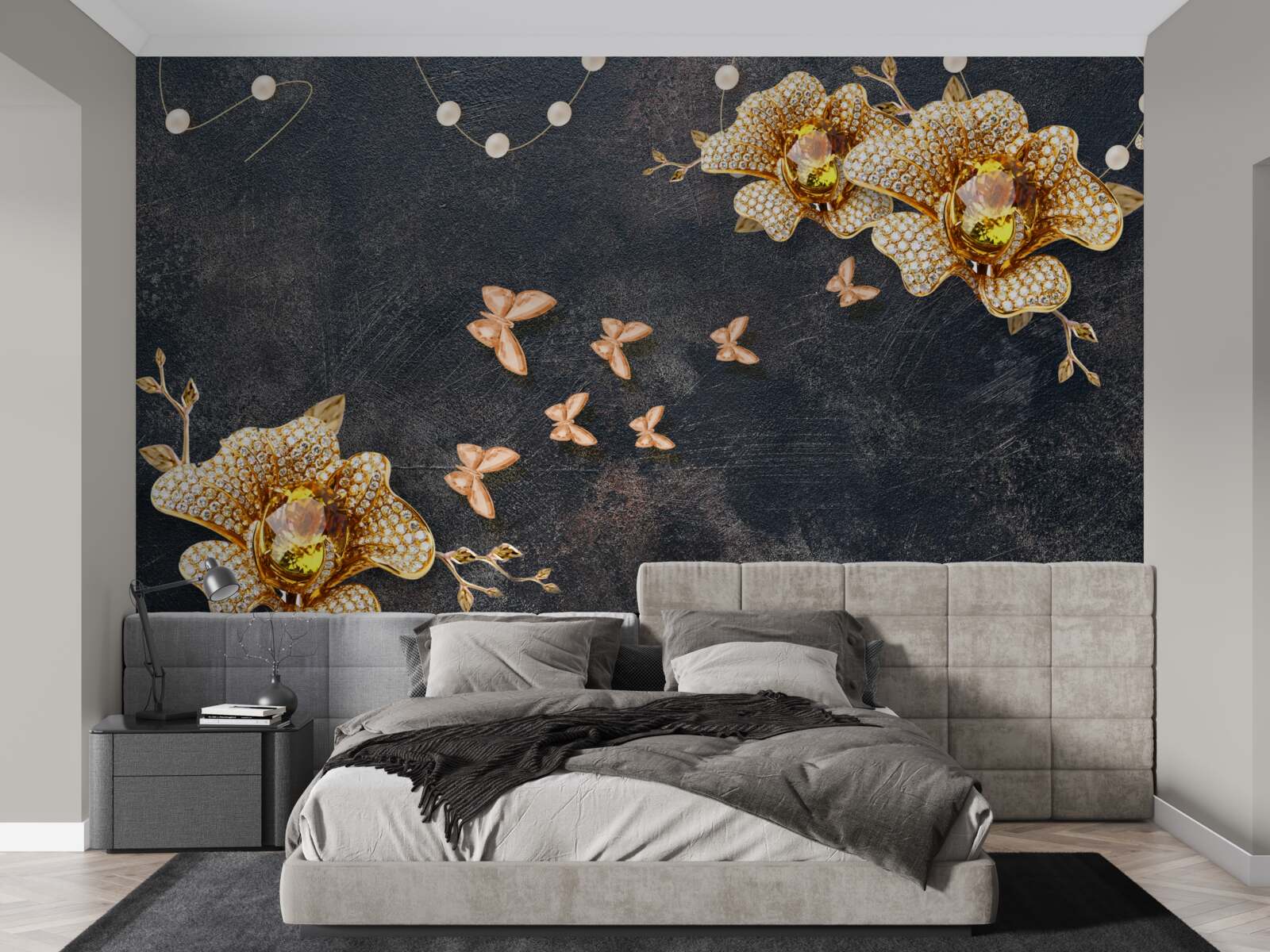 Fototapet seara, fluturii decorează florile aurii