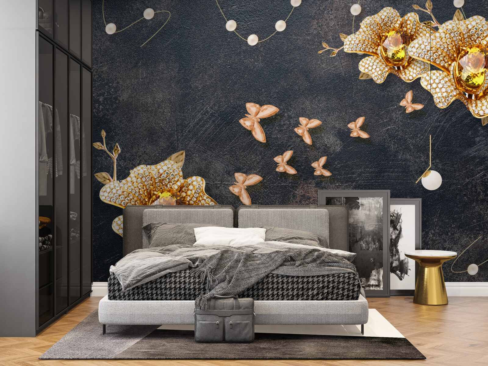 Fototapet seara, fluturii decorează florile aurii