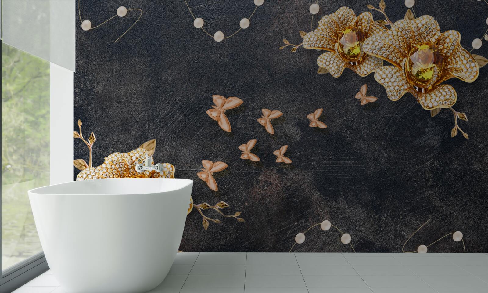 Fototapet seara, fluturii decorează florile aurii