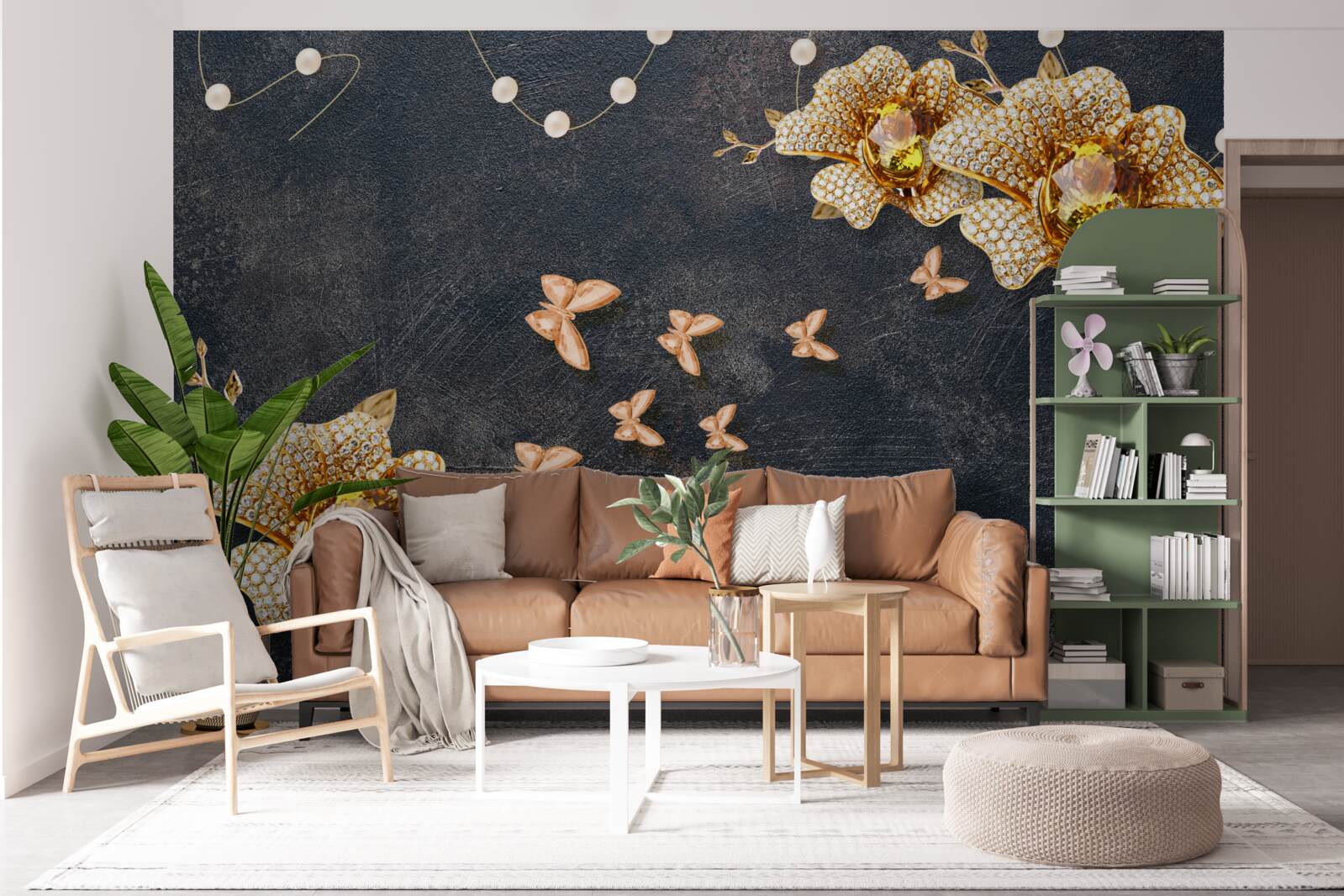 Fototapet seara, fluturii decorează florile aurii