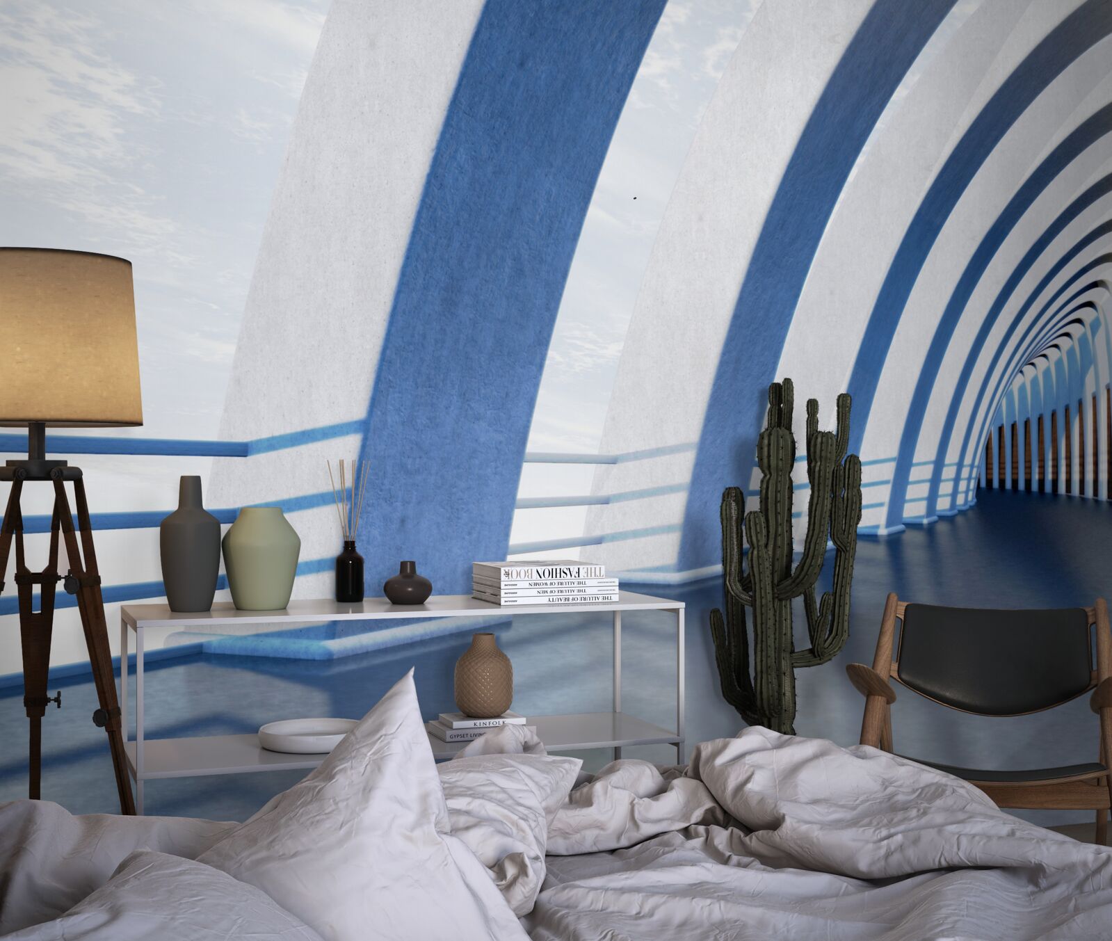 Fototapet pasaj înconjurat de coloane sub un cer luminos