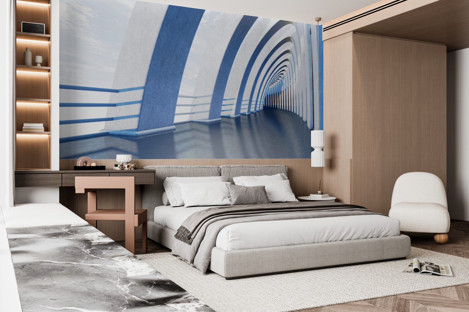 Fototapet pasaj înconjurat de coloane sub un cer luminos