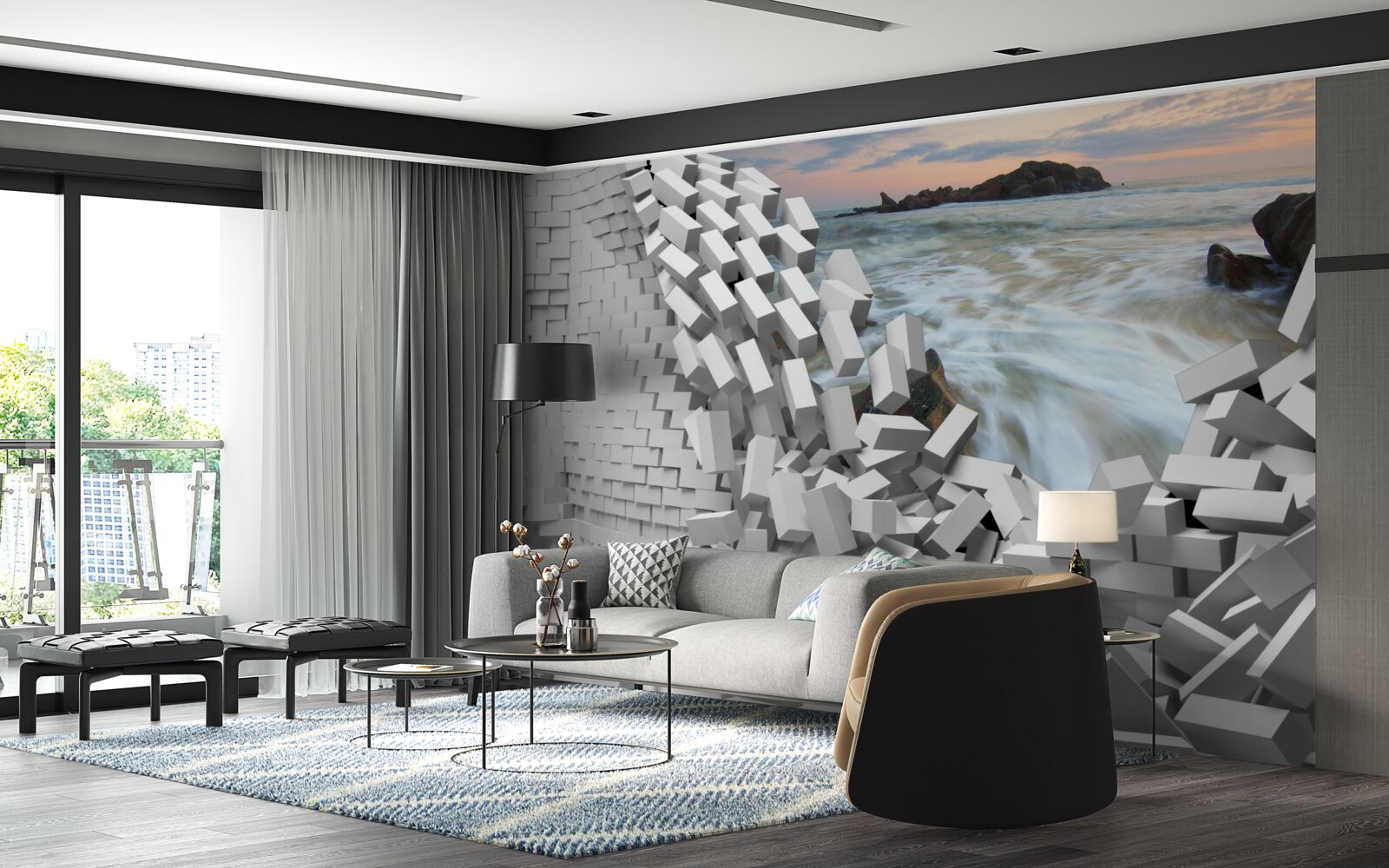 Fototapet zidul abstract este distrus de valuri