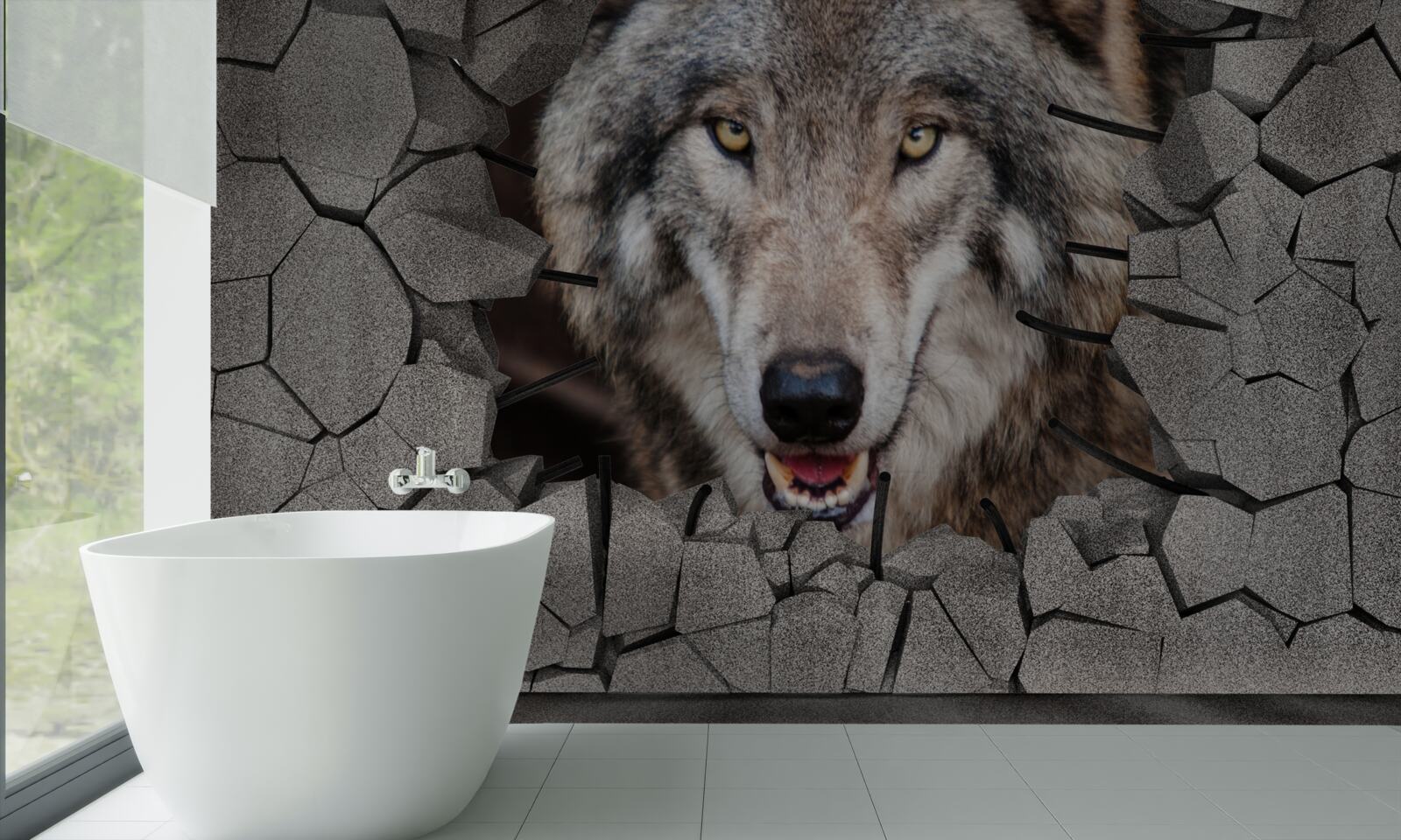 Fototapet lupul din pădure distruge zidul