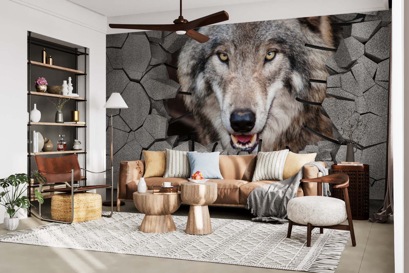 Fototapet lupul din pădure distruge zidul