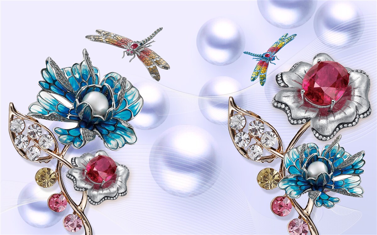 Fototapet pietre de bijuterii cu motive florale și imagini de libelule