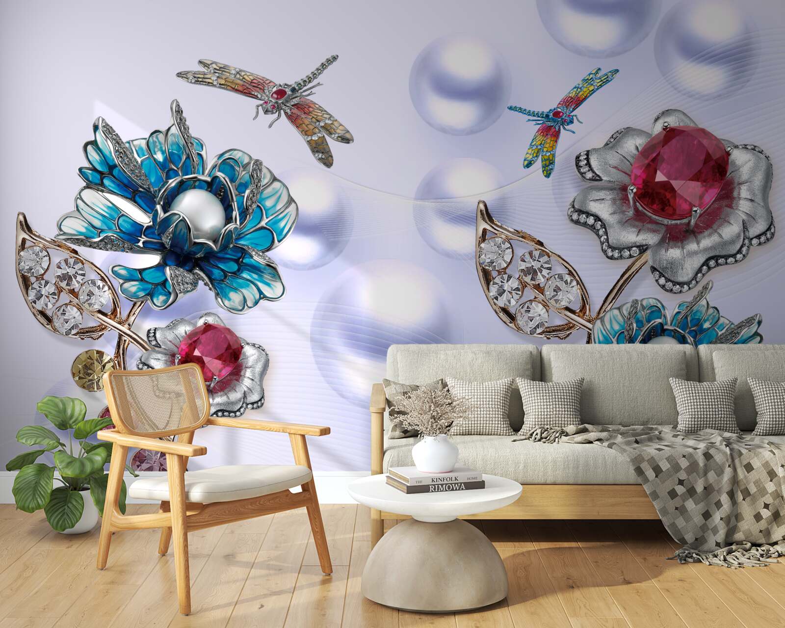 Fototapet pietre de bijuterii cu motive florale și imagini de libelule