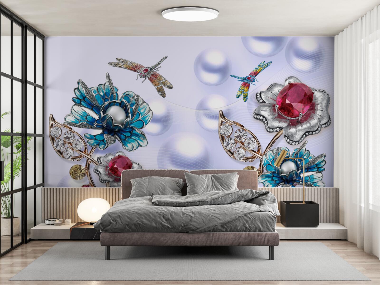 Fototapet pietre de bijuterii cu motive florale și imagini de libelule