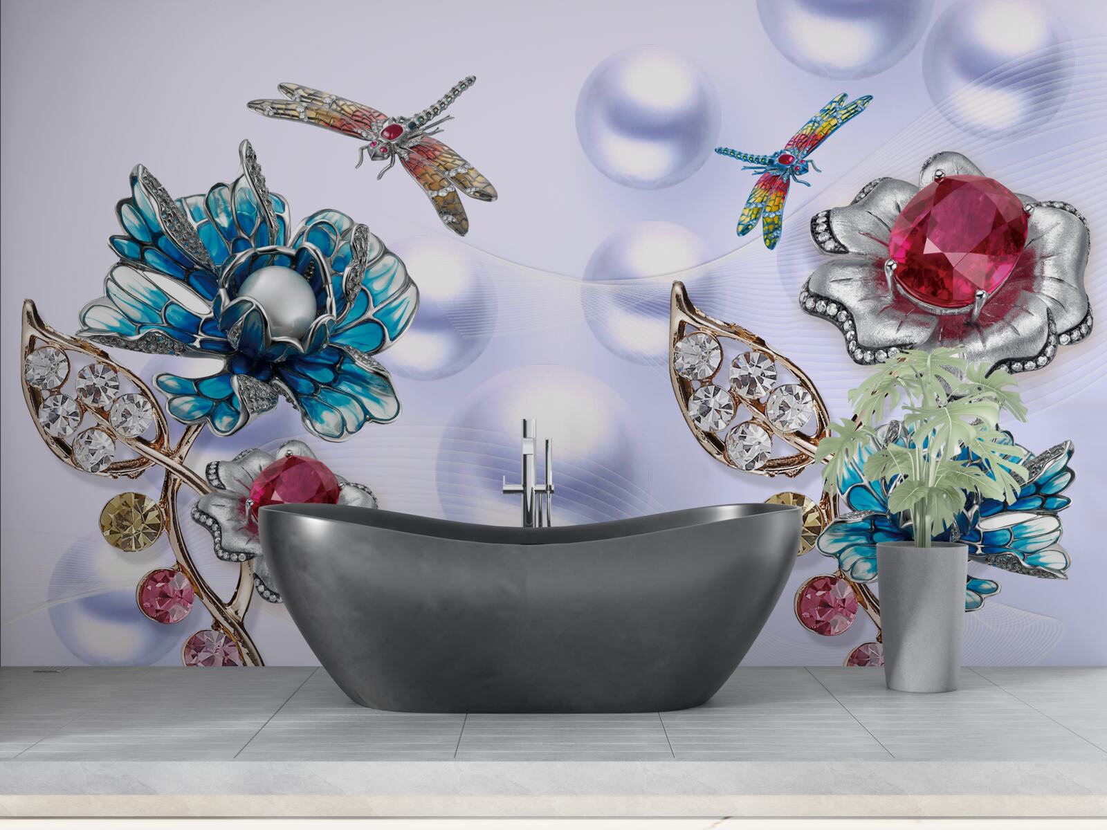 Fototapet pietre de bijuterii cu motive florale și imagini de libelule