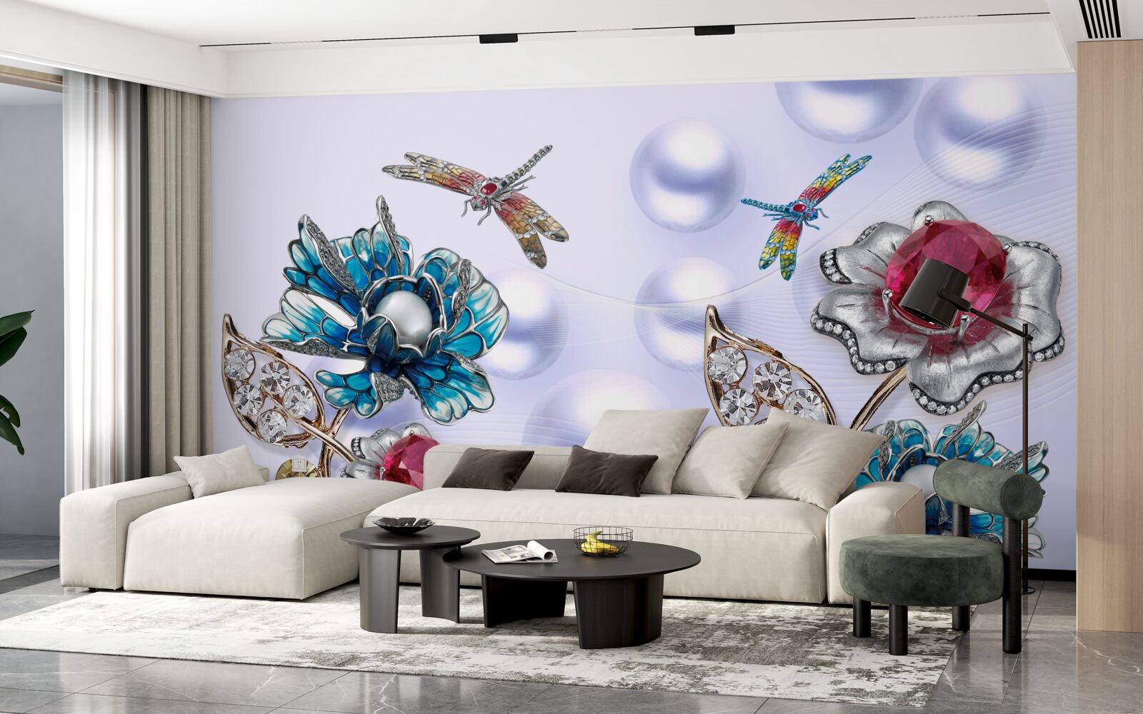 Fototapet pietre de bijuterii cu motive florale și imagini de libelule