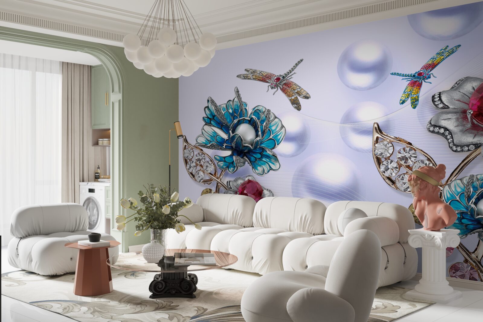 Fototapet pietre de bijuterii cu motive florale și imagini de libelule