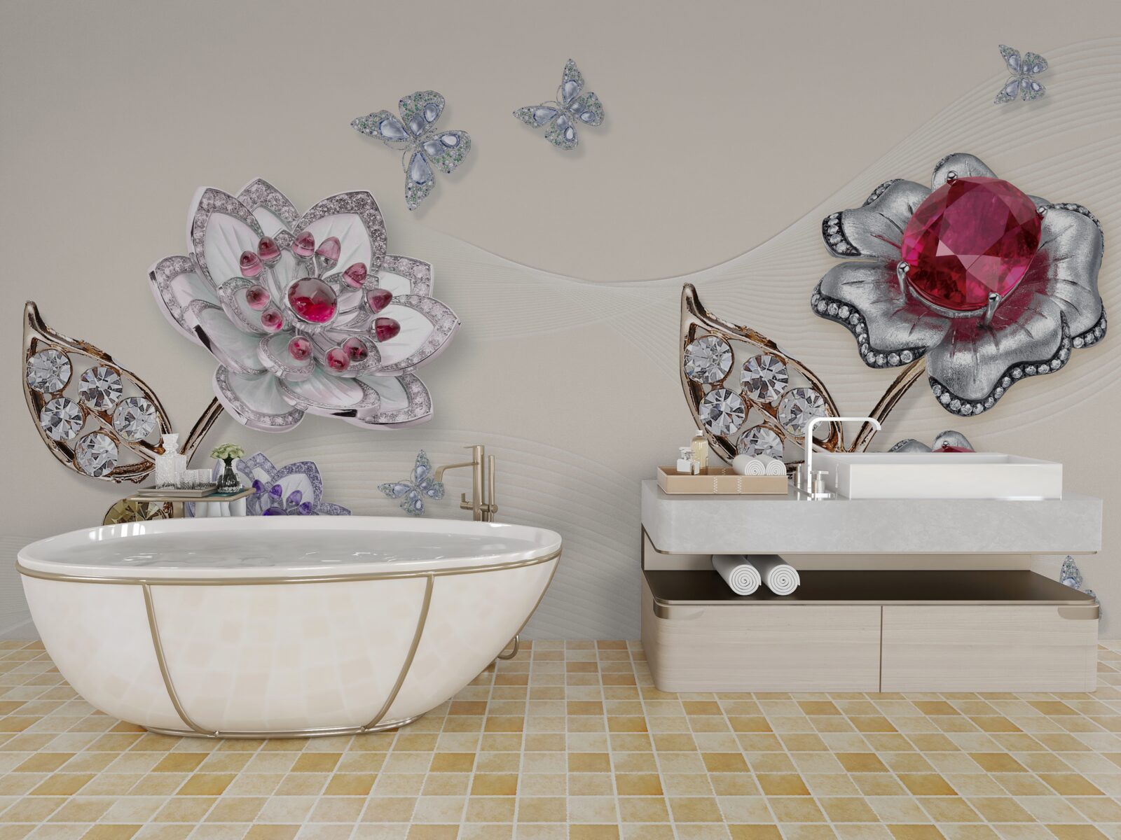 Fototapet florile de aur decorate cu pietre prețioase încântă prin frumusețea lor