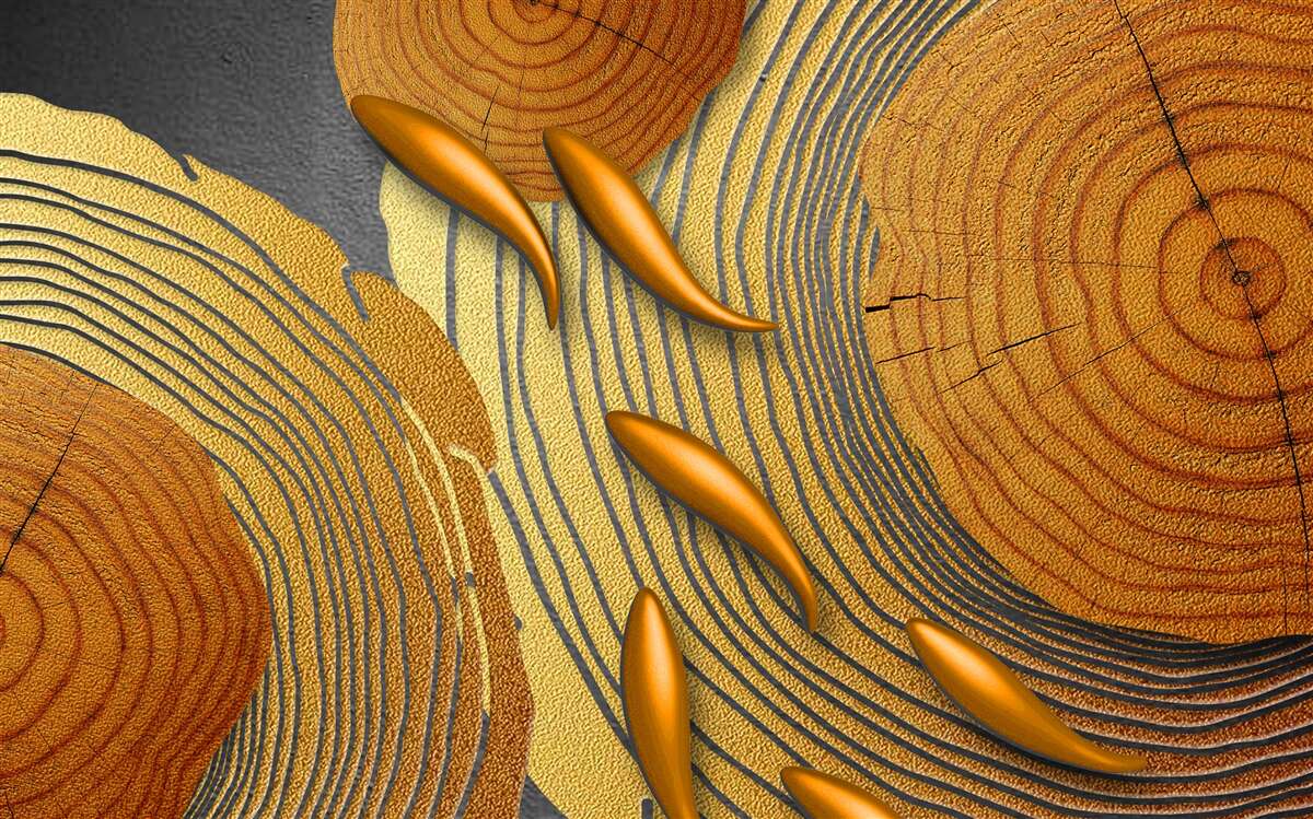 Fototapet sculpturile de pe copaci sunt decorate cu peștișori aurii