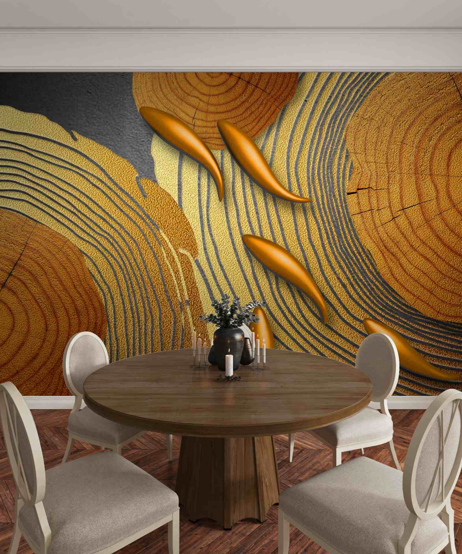 Fototapet sculpturile de pe copaci sunt decorate cu peștișori aurii