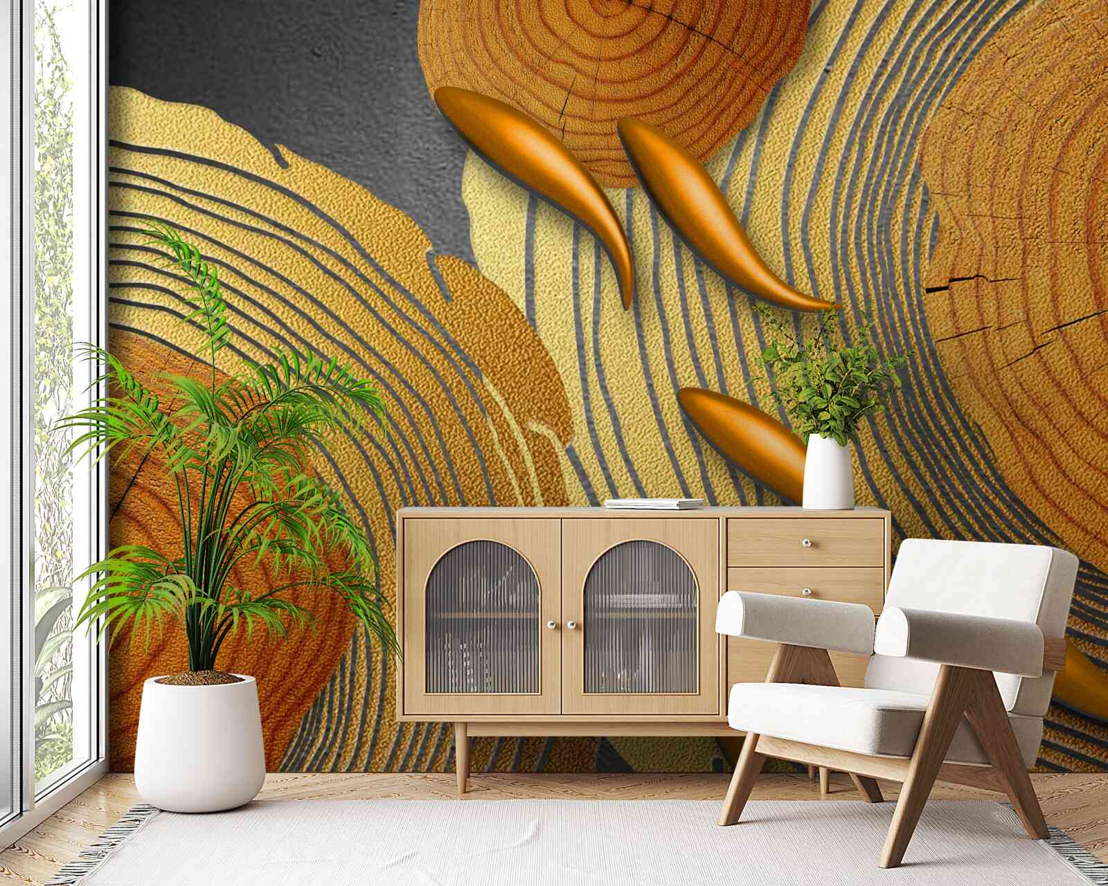 Fototapet sculpturile de pe copaci sunt decorate cu peștișori aurii